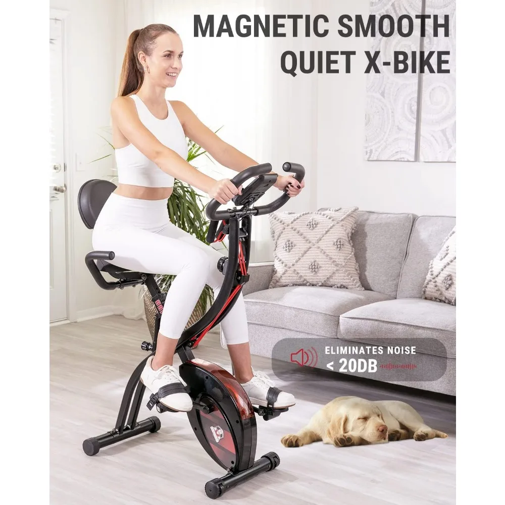 Foldable Stationary Bike, 3 in 1 Mode Indoor Upright Fitness Workout X-Bike with 8-Level Resistance and Arm Resistance Band