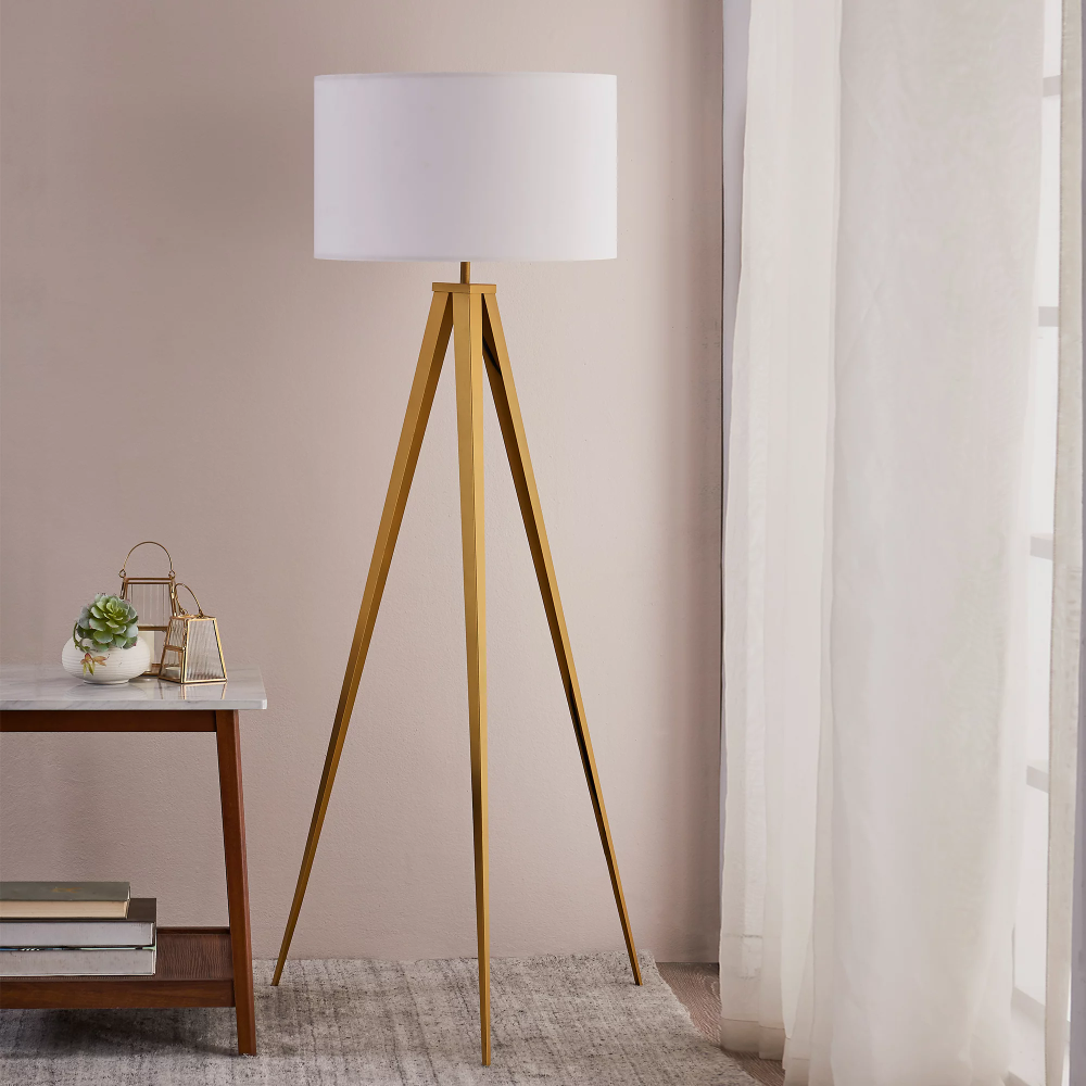 Romanza Matte Gold Tripod Floor Lamp with White Shade Bedroom Reading Deco Dining Room Light