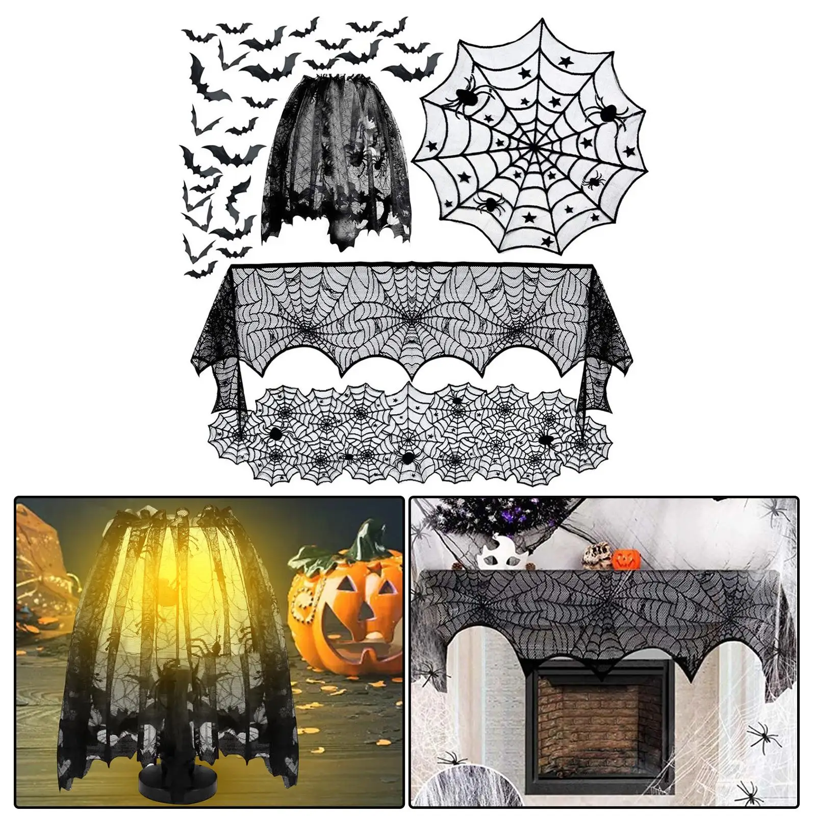 Halloween Tablecloth Decoration Set Cobweb Table Cover Fireplace Mantle Scarf with Scary Bat Gothic for Curtain Kitchen Indoor