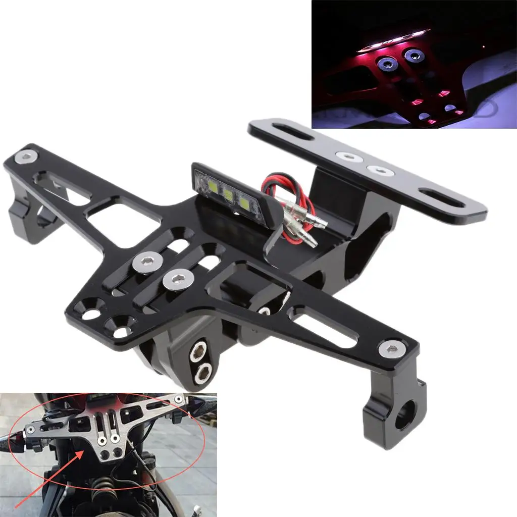 Motorcycle Adjustable License Number Plate Frame Holder Bracket with LED Light for Yamaha Honda Suzuki 