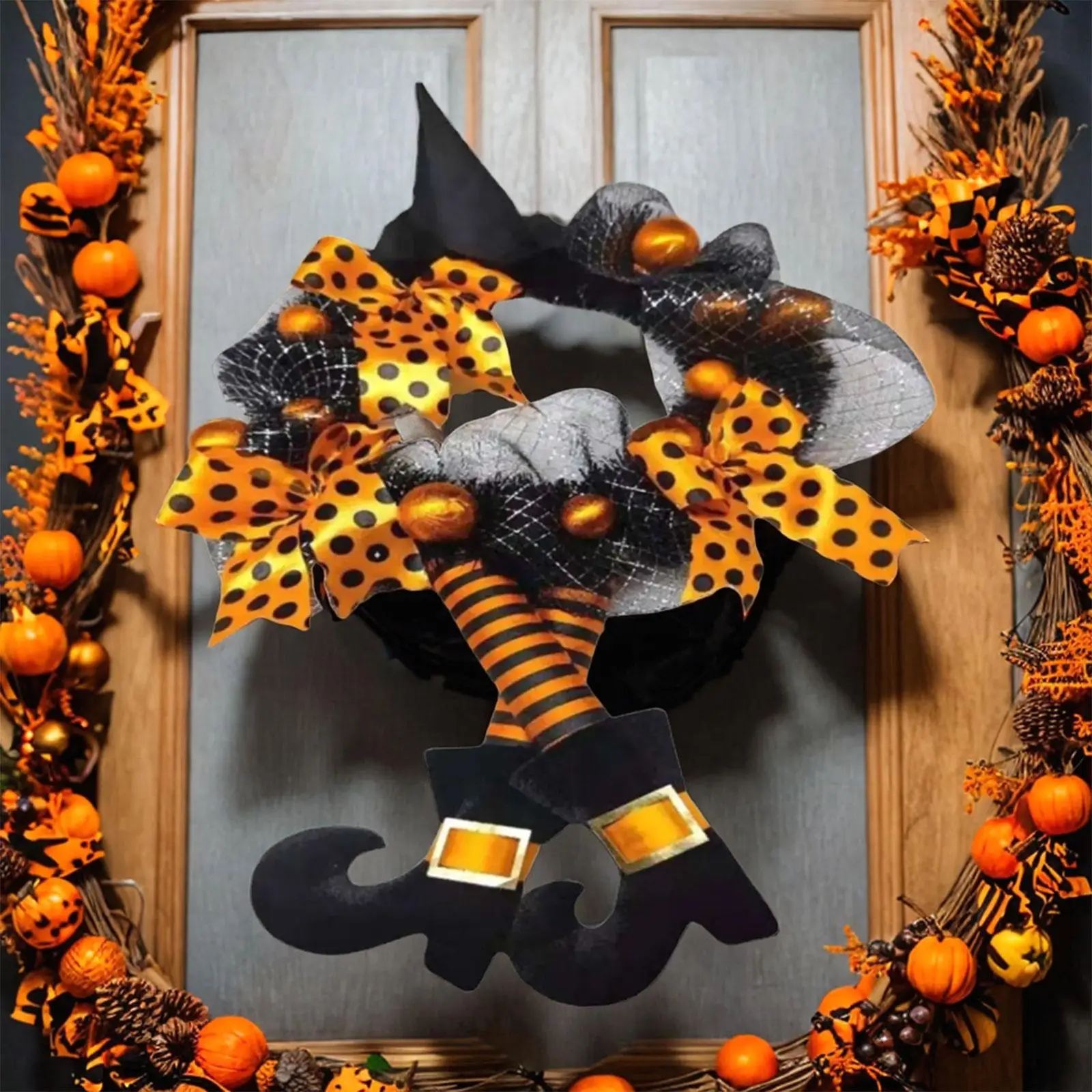 Happy Halloween Wreath with Ribbon Ornaments for Front Door Decorative Wreath Witch Wreath for Door Outdoor Holiday Mantle Decor