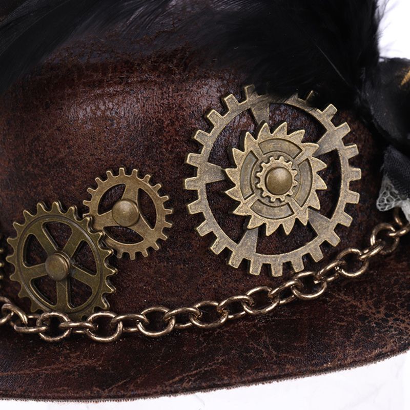 Frauen Mädchen Vintage Mini Top Hut Steampunk Haar Clip Gears Feder Goth Headwear – Detail 3