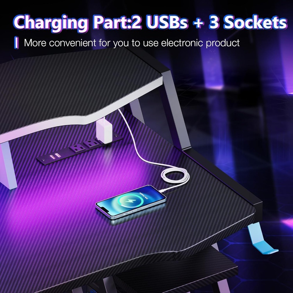 Description Picture 4 of itemComputer Desk Gaming Table With Carbon Fiber Texture Gaming Desk With Power Outlet & LED Lights Free Shipping Office Furniture