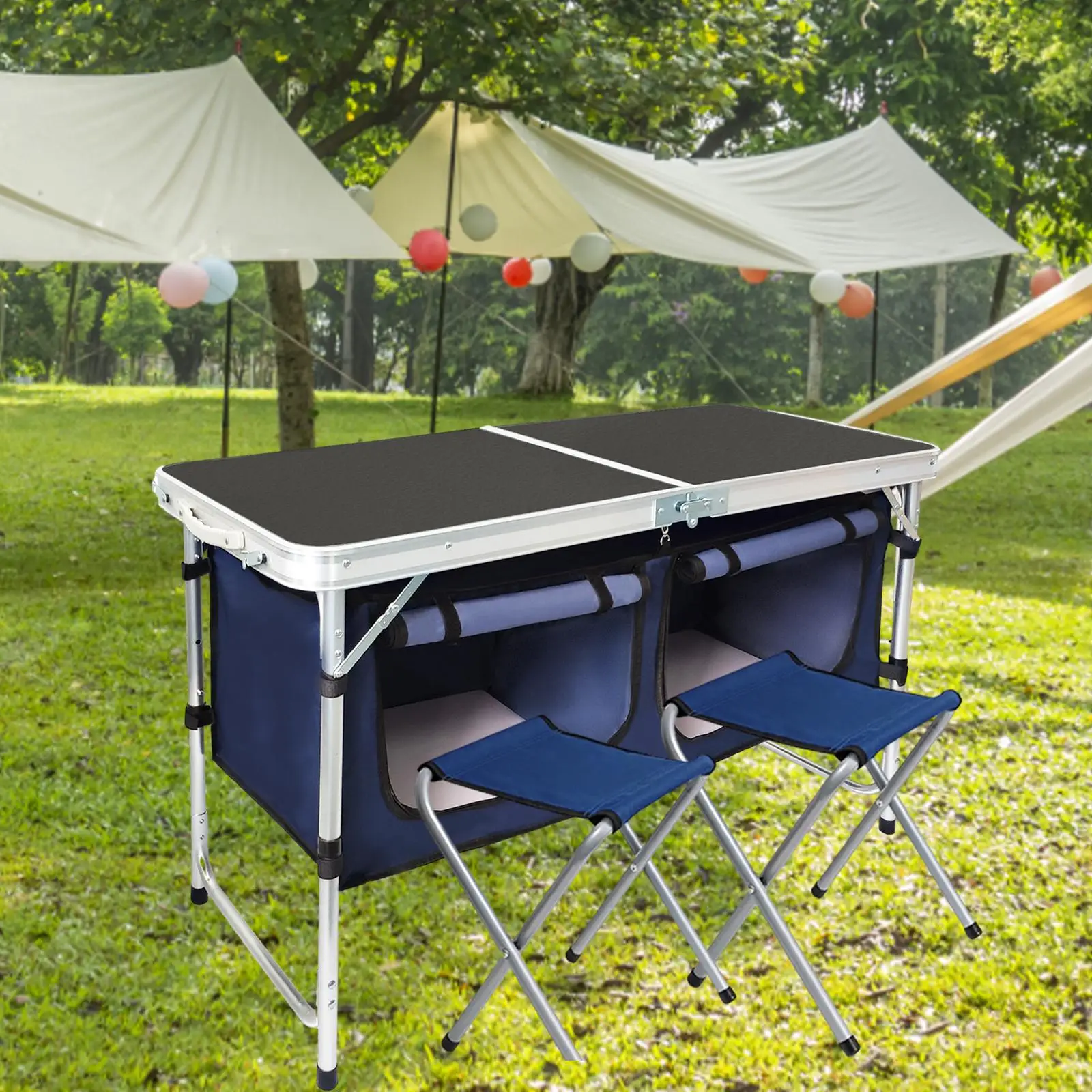 Portable Camping Table Rectangular with Double Storage Garden Furniture with 2 Chairs for Travel, Party, BBQ, Fishing, Picnic