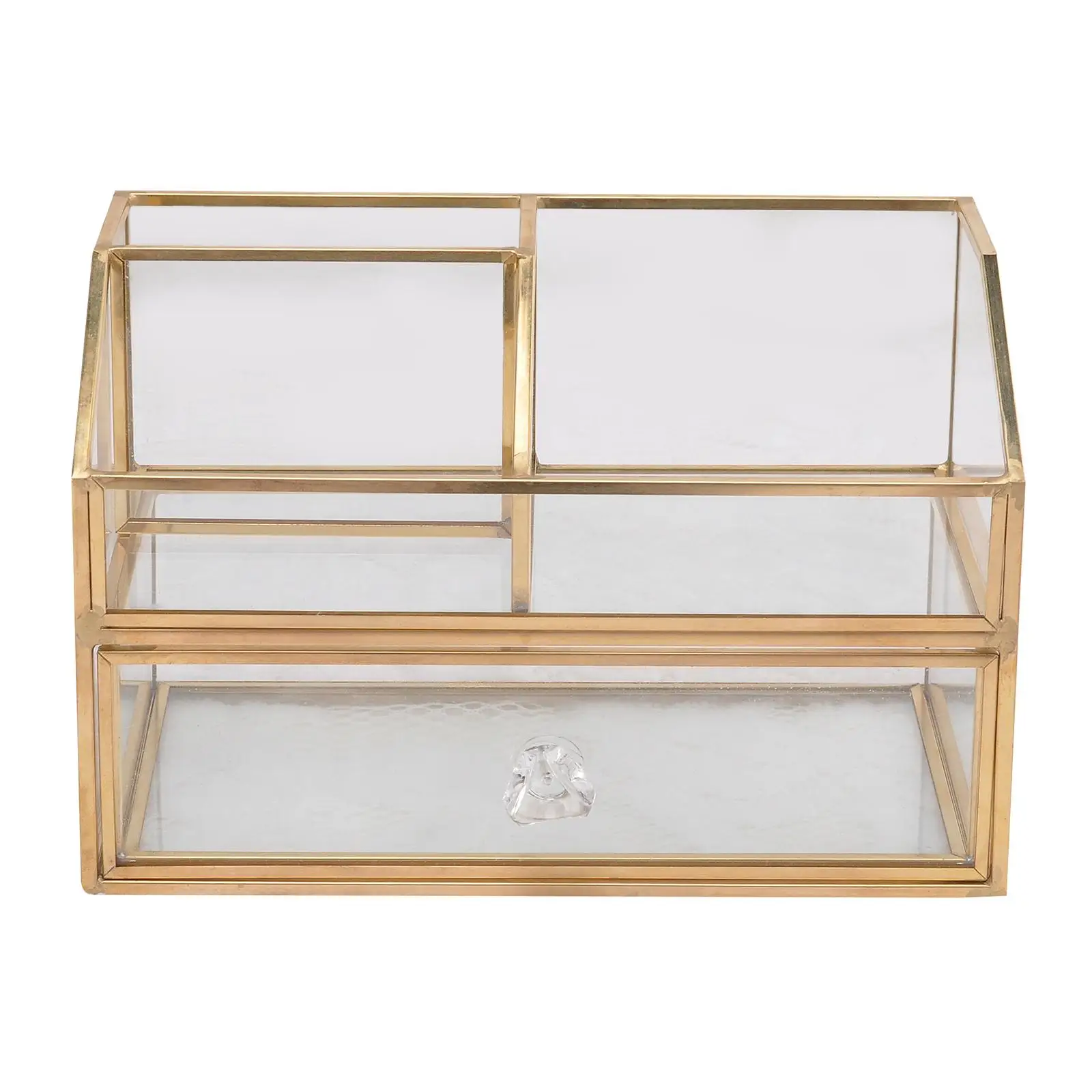 Luxury Glass Box Clear Glass Gold Tone Metal Jewelry Storage Case Cosmetic Makeup Lipstick Holder Organizer with Drawer