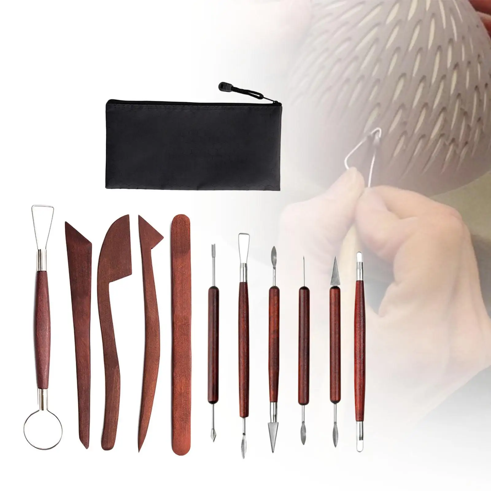 12x Clay Sculpting Tools Smooth Wooden Handle Double Ended Modeling Carrying Bag Pottery Carving Tool Set for Schools and Home