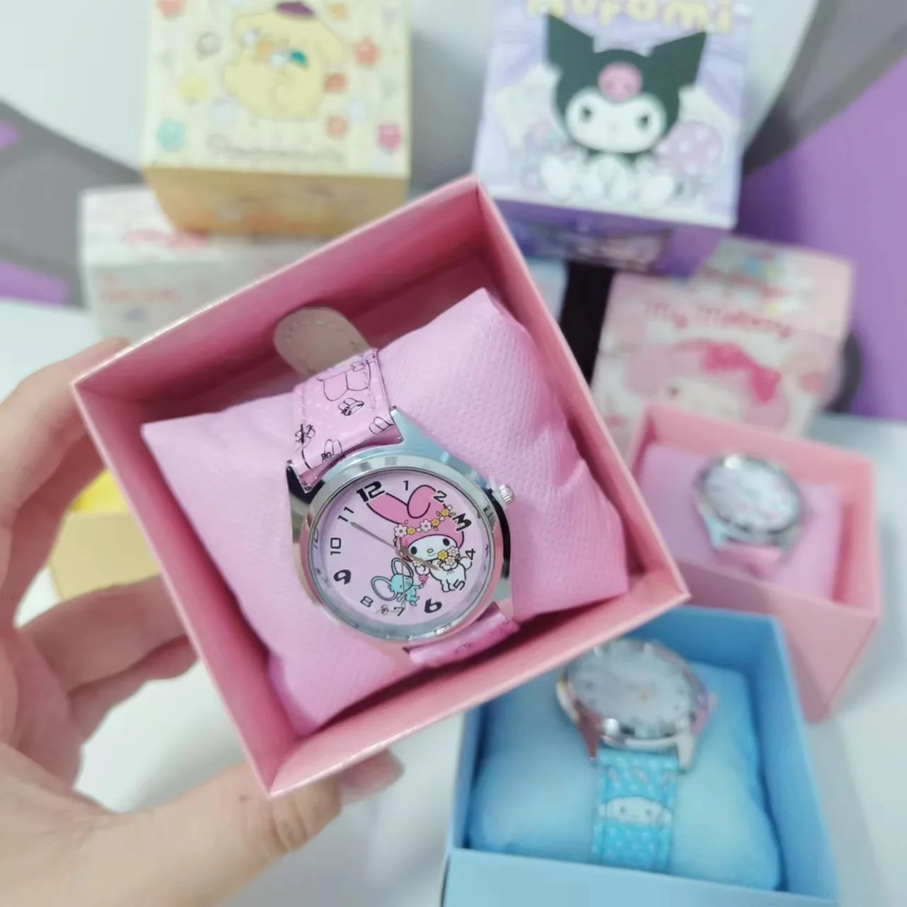 Anime Sanrio Pu skórzany zegarek elektroniczny Kulomi Big-Eared Dog Melody zegarek dla dzieci prezent z pudełkiem