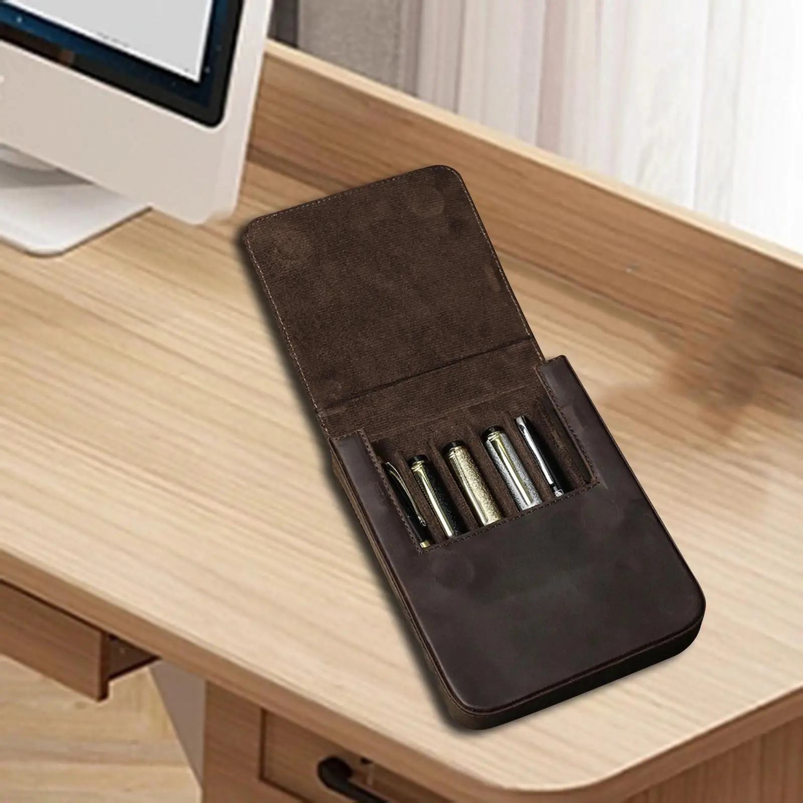 Pen Case 6 Slot Cases Gift PU Leather Organizer Accessories Stationery Bag Pen Bag for Husband Men Women School Meeting