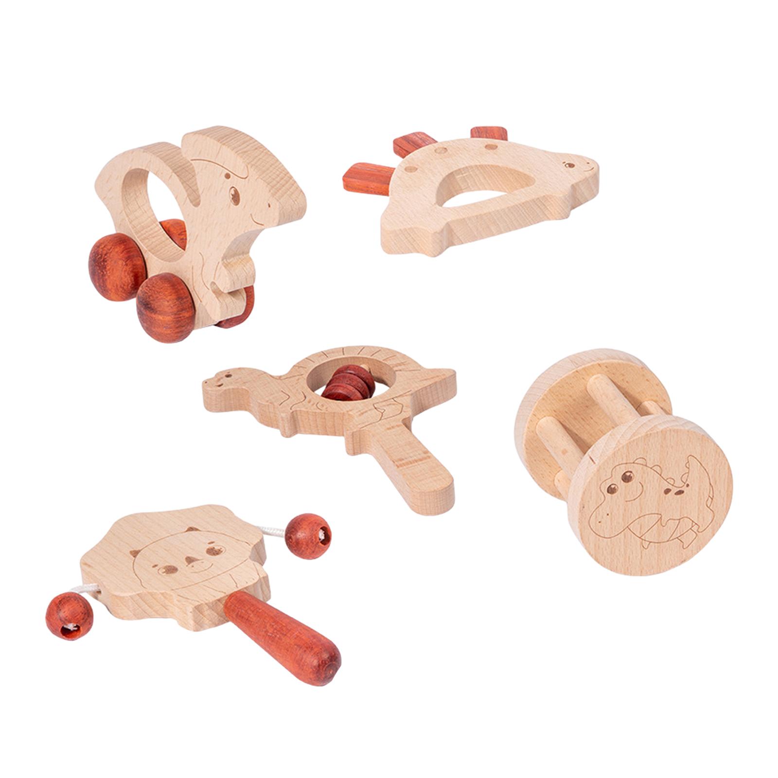 5Pcs Wooden Baby Toy Set Wood Car Early Learning Baby Rattle Wood Toy Rattles Montessori Toys for Babies Infant 6-12 Months