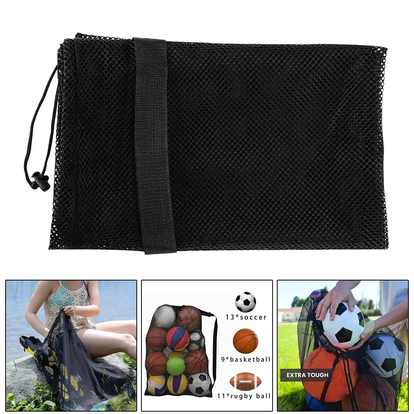 Mesh Ball Bag with Adjustable Strap Large Gym Sport Equipment Storage Hold 9