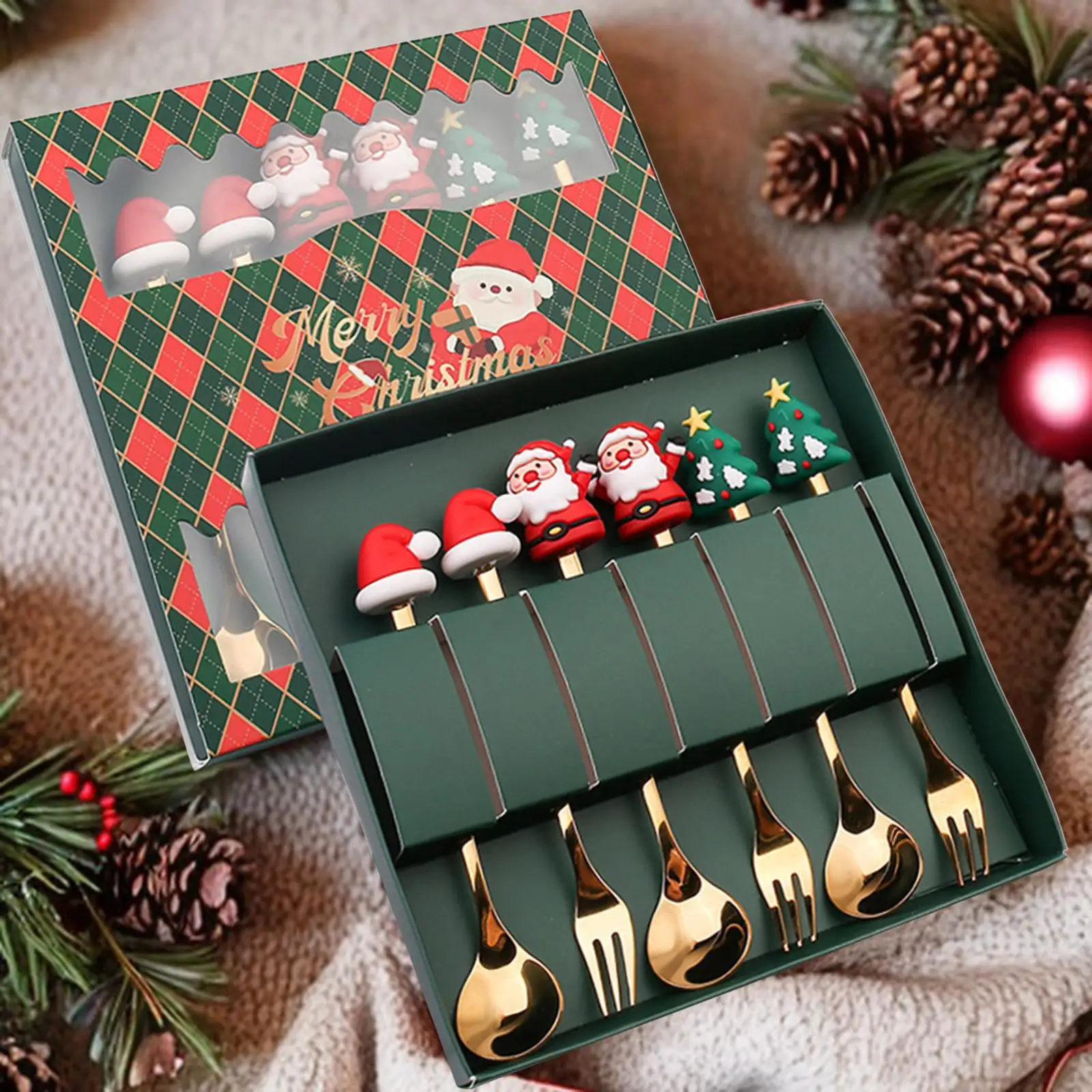 6 Pieces Christmas Spoons Forks Set Stainless Steel with Gift Box Flatware Cutlery Set for Daily Use Xmas Dessert