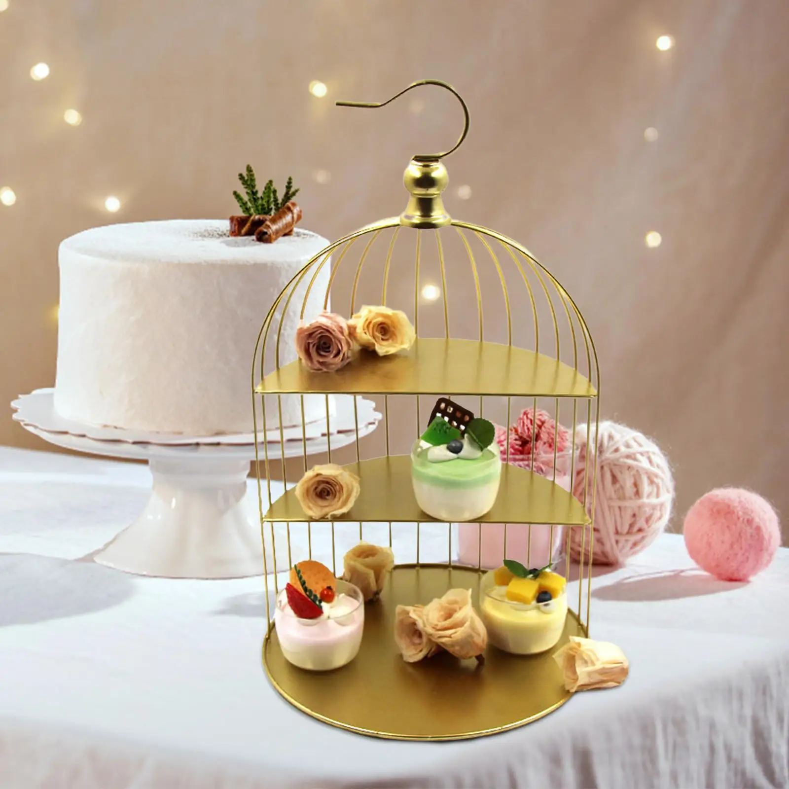 Birdcage Cake Stand Cosmetic Iron 3 Tier Art Desktop Make up Bird Cage Food Container Holder Countertop Iron Cake Display Basket