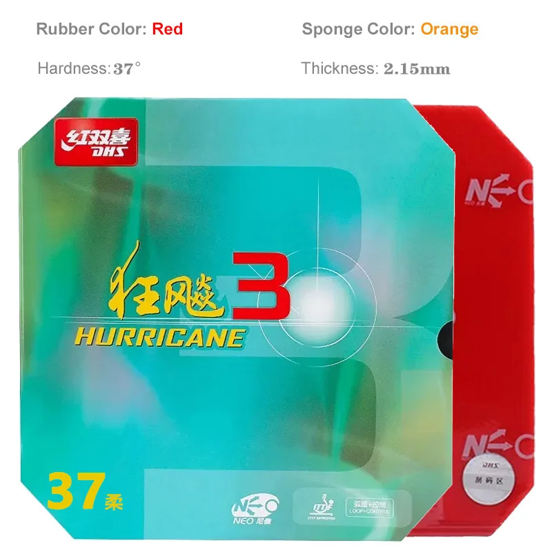 DHS-Hurricane 3 NEO Table Tennis Rubber, 37 Degrees Soft, Hurricane-3, Pips-in Ping Pong Sponge, No Need for a Booster