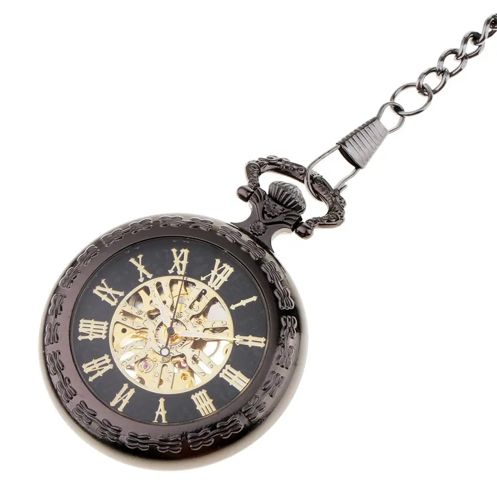 Classic Skeleton Roman Design Metal Mechanical Hand Winding Pocket Watch with Chain