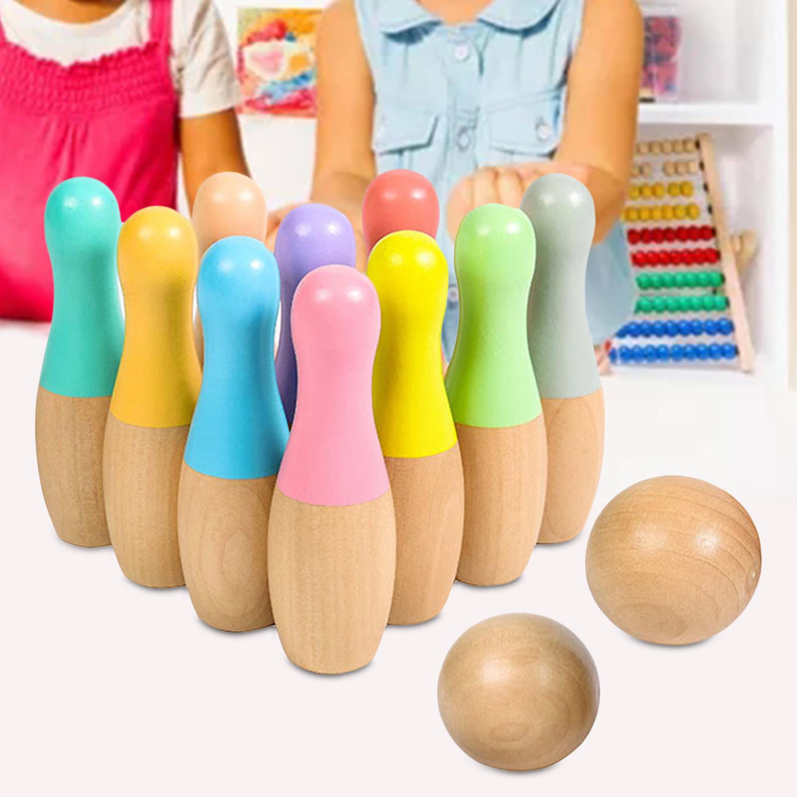 Children Wooden Bowling Game Skittle Ball for 3 4 5 6 Year Old with 10 Bowling Pins & 2 Balls Educational Classic ,Durable Build