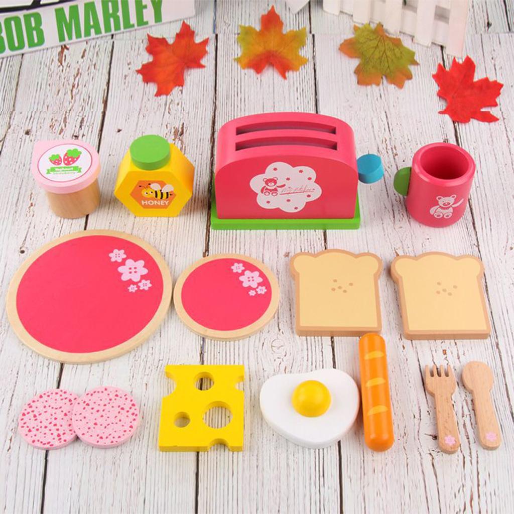 Role Play Wooden Food Toy Set Breakfast Cheese Plates Bread Yogurt Fried Egg