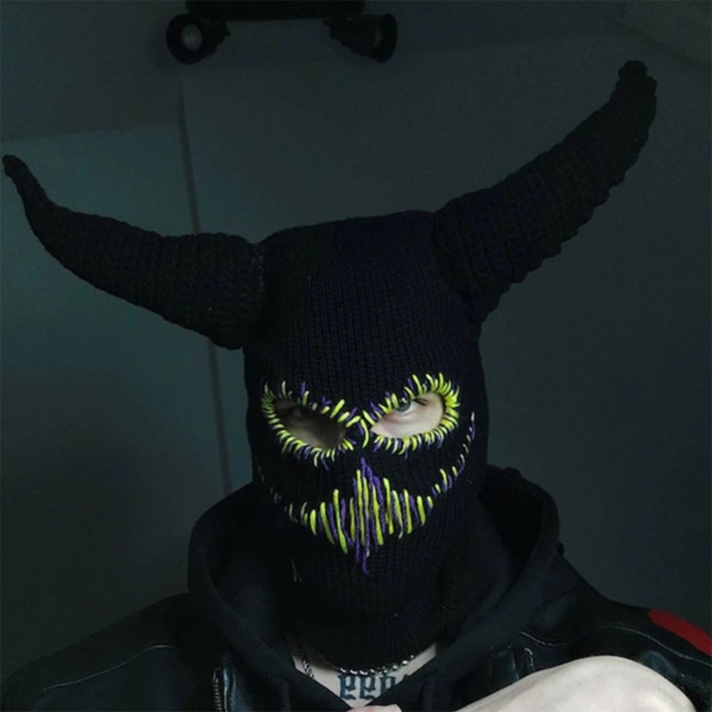Frauen Gestrickte Kappen mit Teufel Hörner Halloween Horror Beanie Ski Maske für Männer – Detail 10