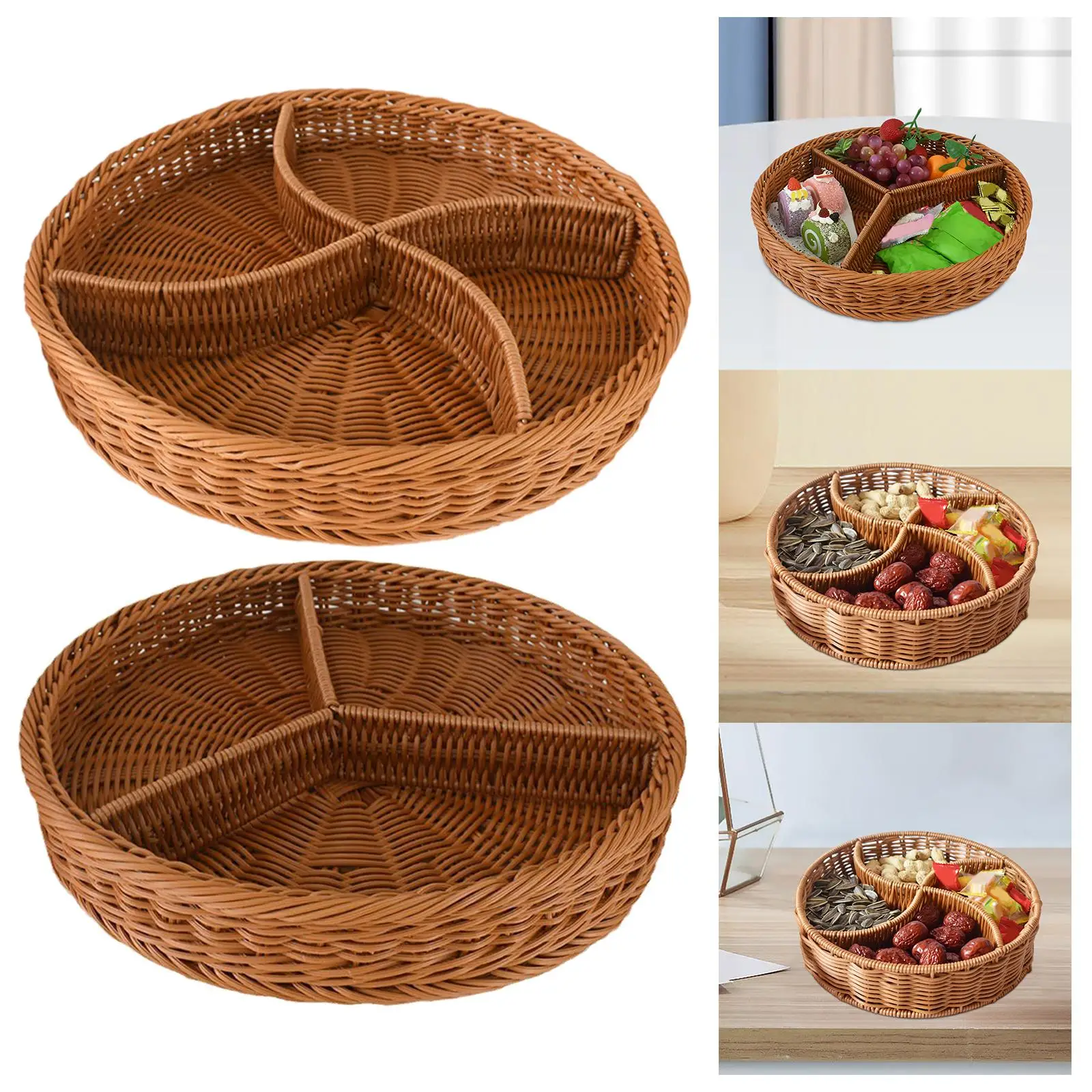 Round Fruit Baskets Tabletop Food Serving Tray Imitation Rattan Baskets for Dining Coffee Table Fruits Kitchen Snacks Hotel