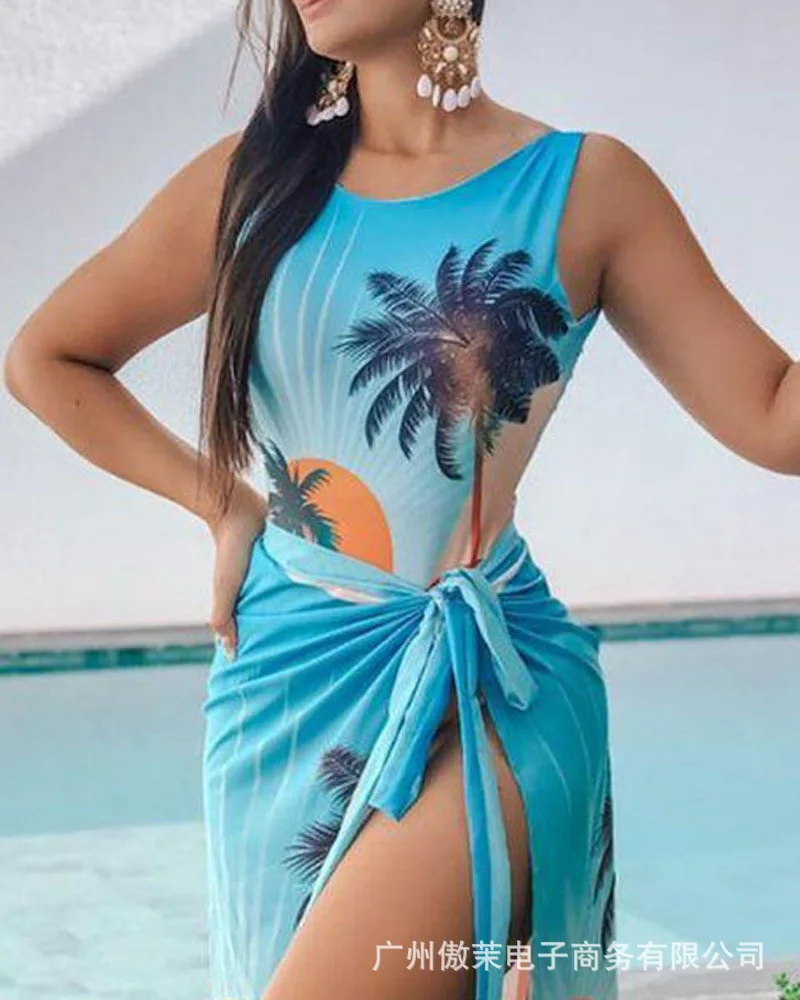 Women's New Tropical Print Swimsuit Suit Summer Fashion Casual Beach Dress Female & Lady 2022 crochet bathing suit cover up