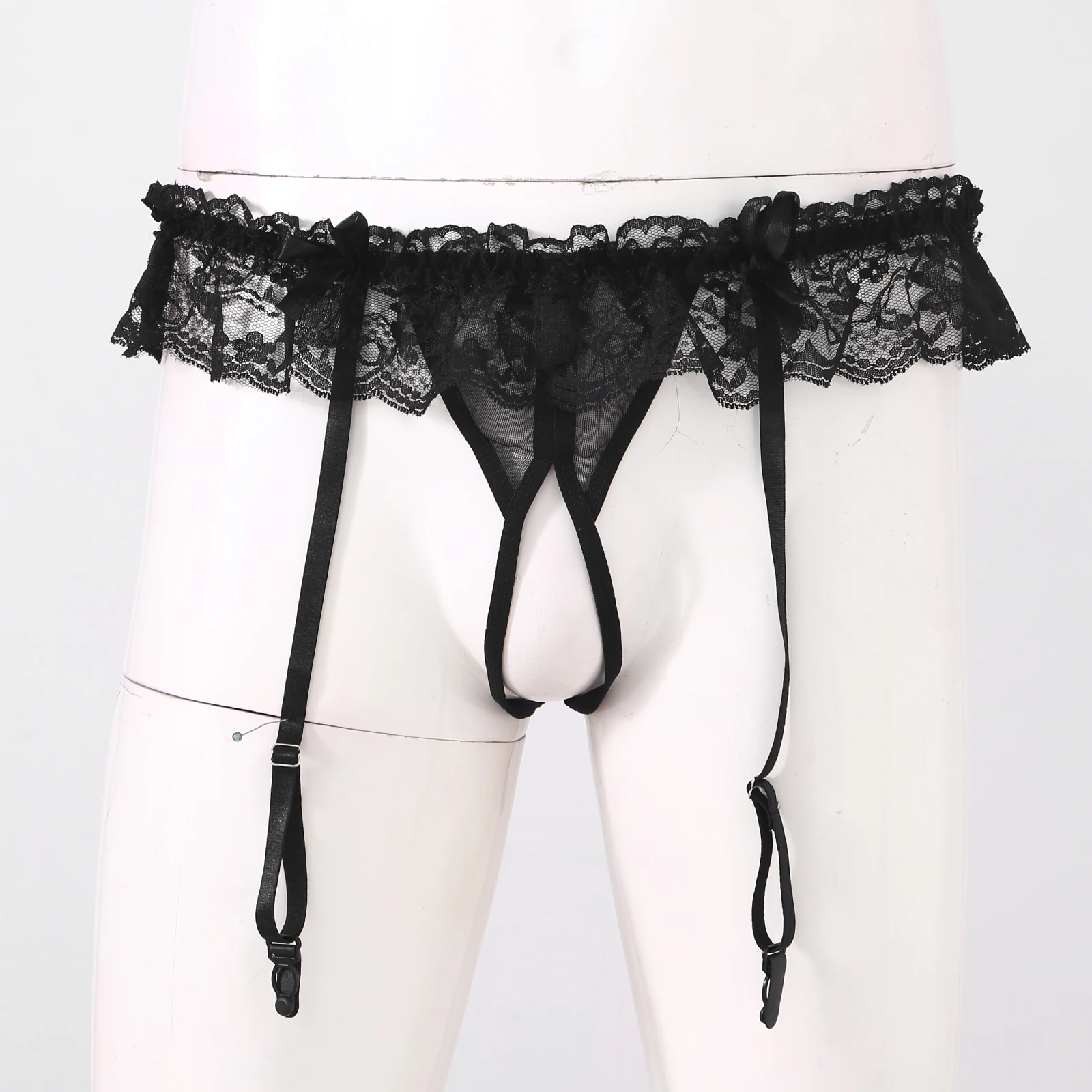 Lnxia Mens Sissy Lace Trim Underpants Mesh Underwear Transparent Jockstrap G-String Lingerie with Garter