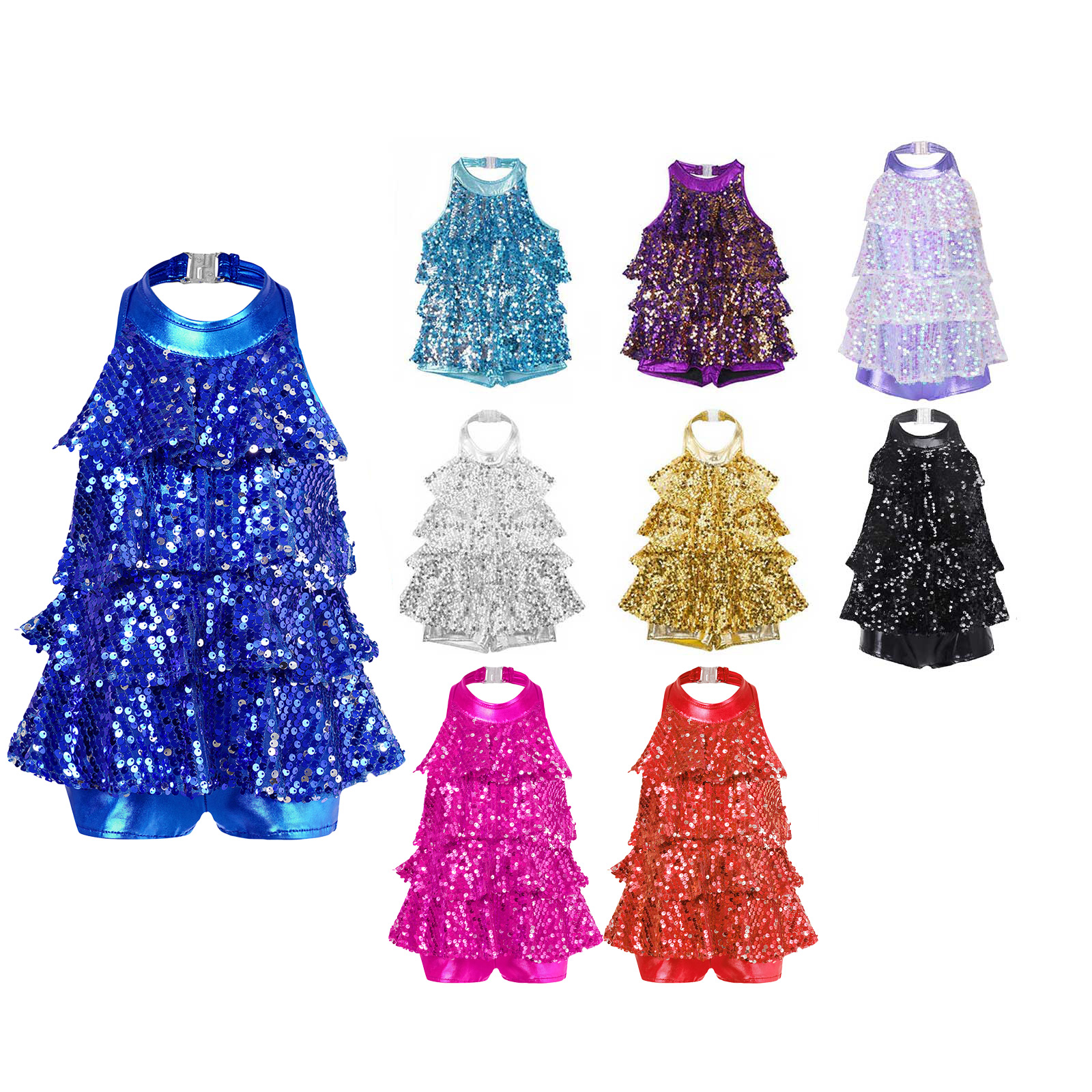 Kinder Mädchen Neckholder Glänzende Pailletten Moderne Jazz Latin Ballett Tanz Kostüm Shorty Ganzanzug Kleid Bühne Leistung Dancewear – Detail 2