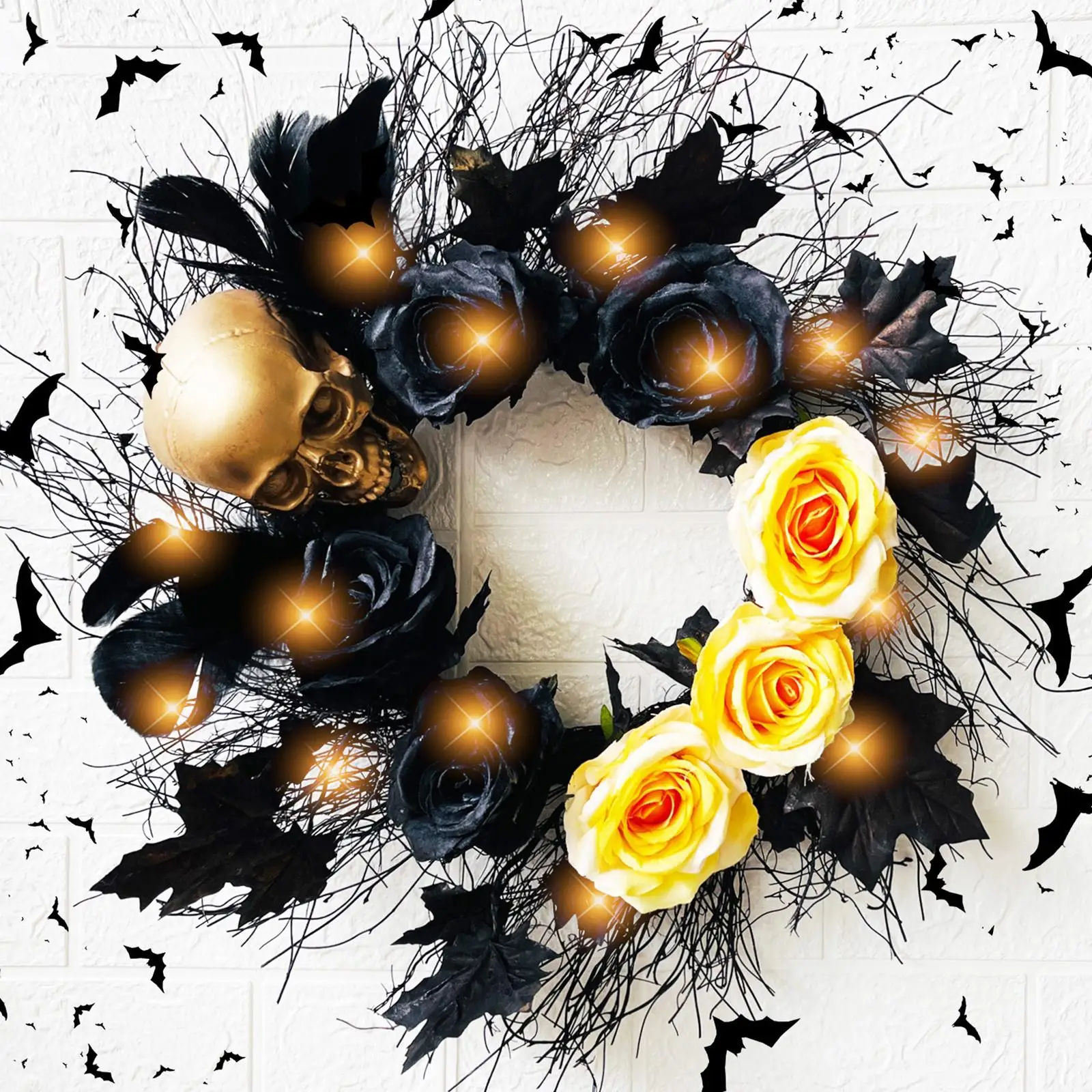 Gothic Skeleton Wreath Halloween with Maple Leaves Garland Rustic Skull Wreath for Window Farmhouse Party Decoration Mantelpiece