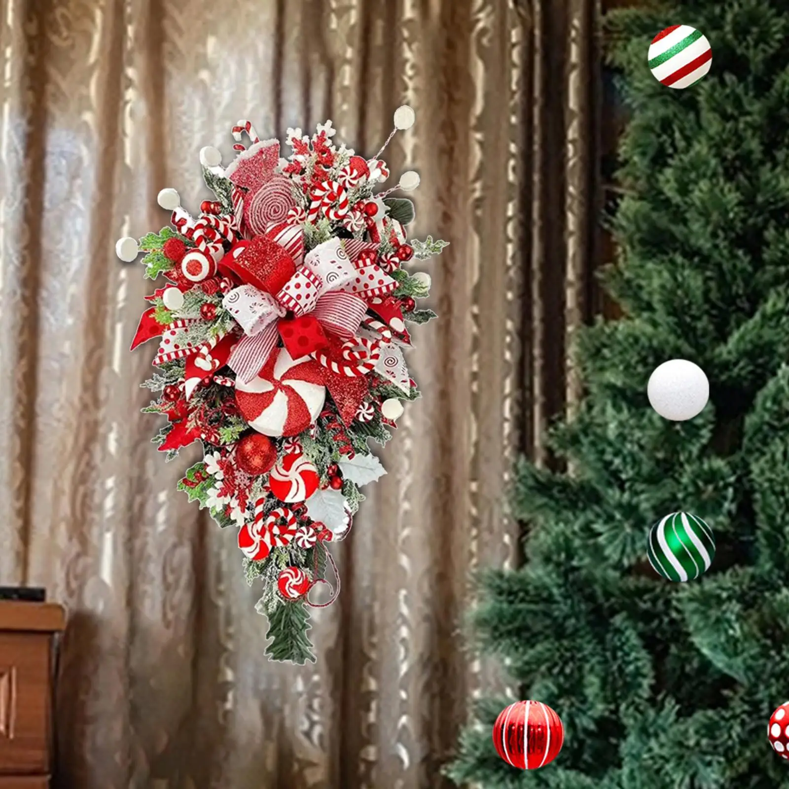 Christmas Teardrop Swag Hanging Pendant with Bow Artificial Door Swag for Garden