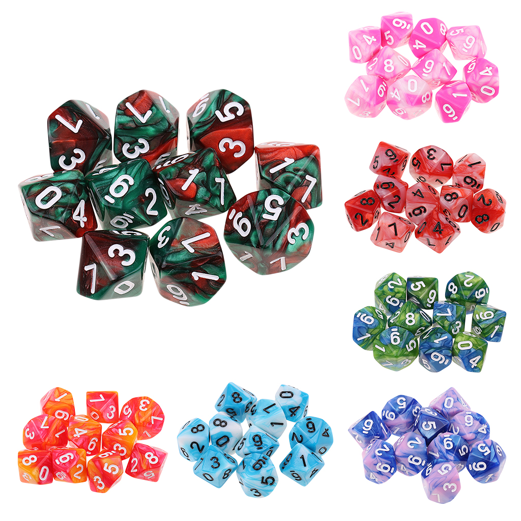 10pcs 10 Sided Dices D10 Polyhedral Dice Double Color for RPG Table Board Games School Education Supplies