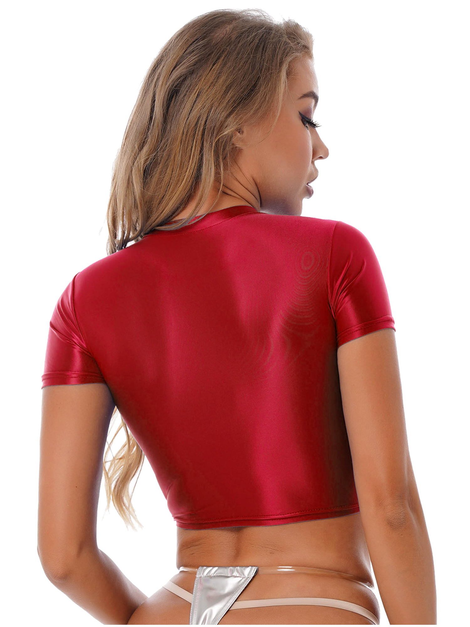Glänzendes, kurzärmliges Crop-Top für Damen, einfarbig, Rundhalsausschnitt, schmale Passform, glattes, dehnbares Tanktop, Yoga-Sportbekleidung, Badebekleidung – Detail 25