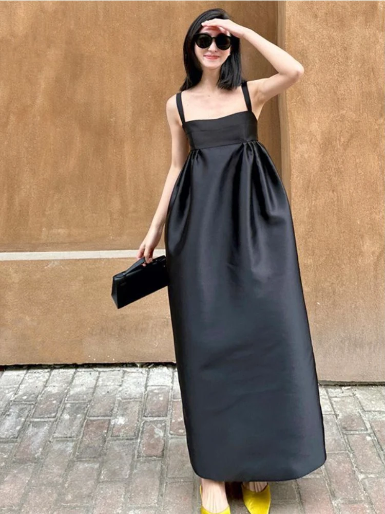 Maxi Black Dress for Women Sleeveless Solid Summer Backless Vintage Tender French Style Simple Slim Fit Classic Vestido Feminino