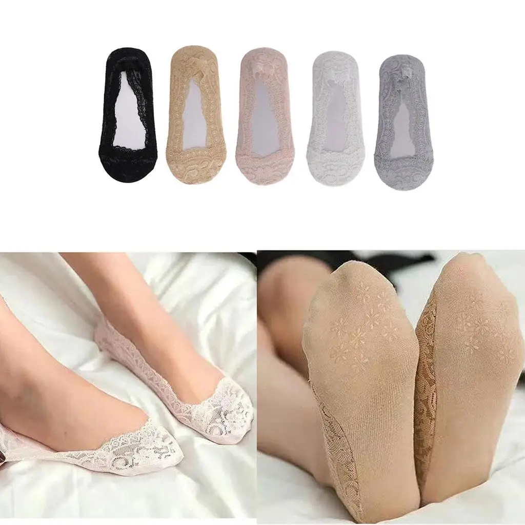 2 Pairs Casual Thin No Show Socks Non Slip Socks for Flats Boat Liner with Lace Trim