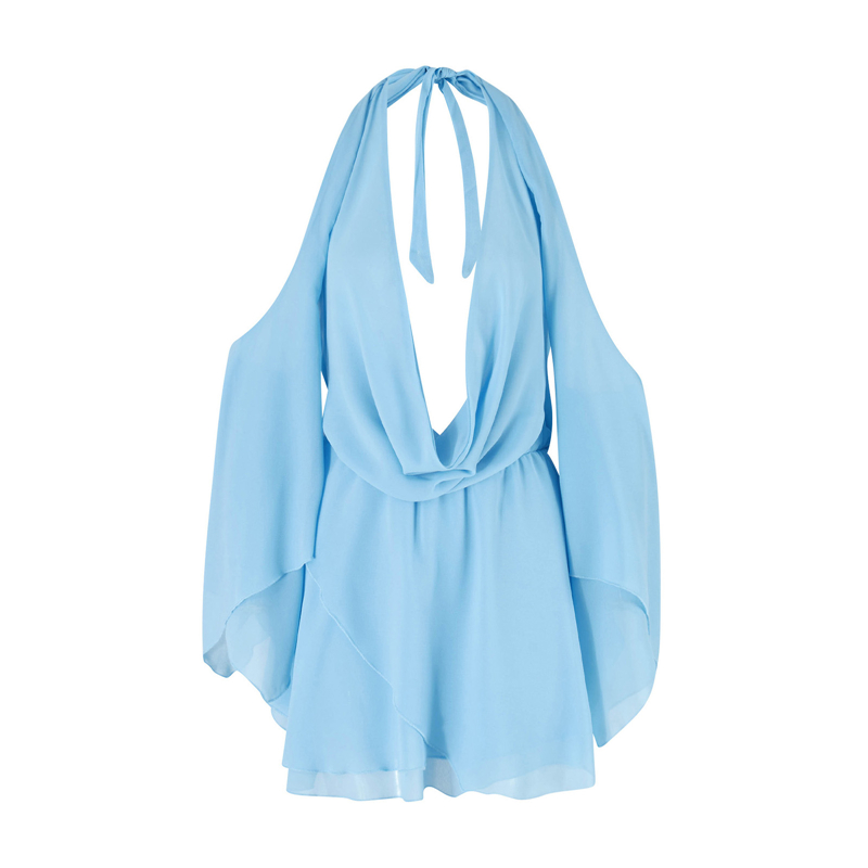 Vestido Y2K de verano para mujer, color liso, con cuello colgante, hombros descubiertos, fruncido, manga larga, espalda descubierta, corto, para discoteca