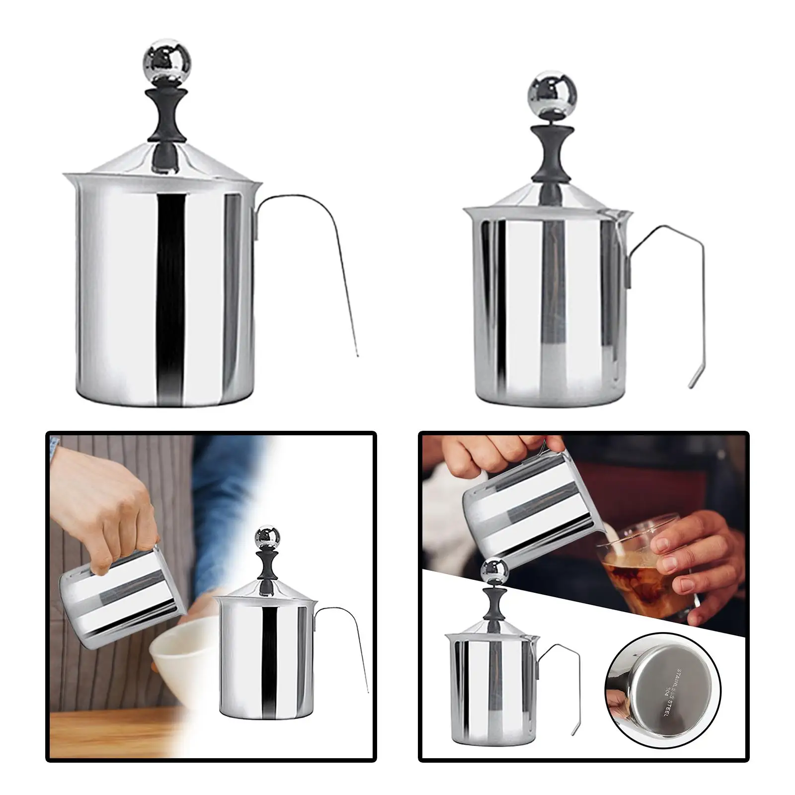 Stainless Steel Manual Milk Frother Coffee Creamer Comfortable Grip Handle Hand Pump Versatile Premium Material Durable with Lid