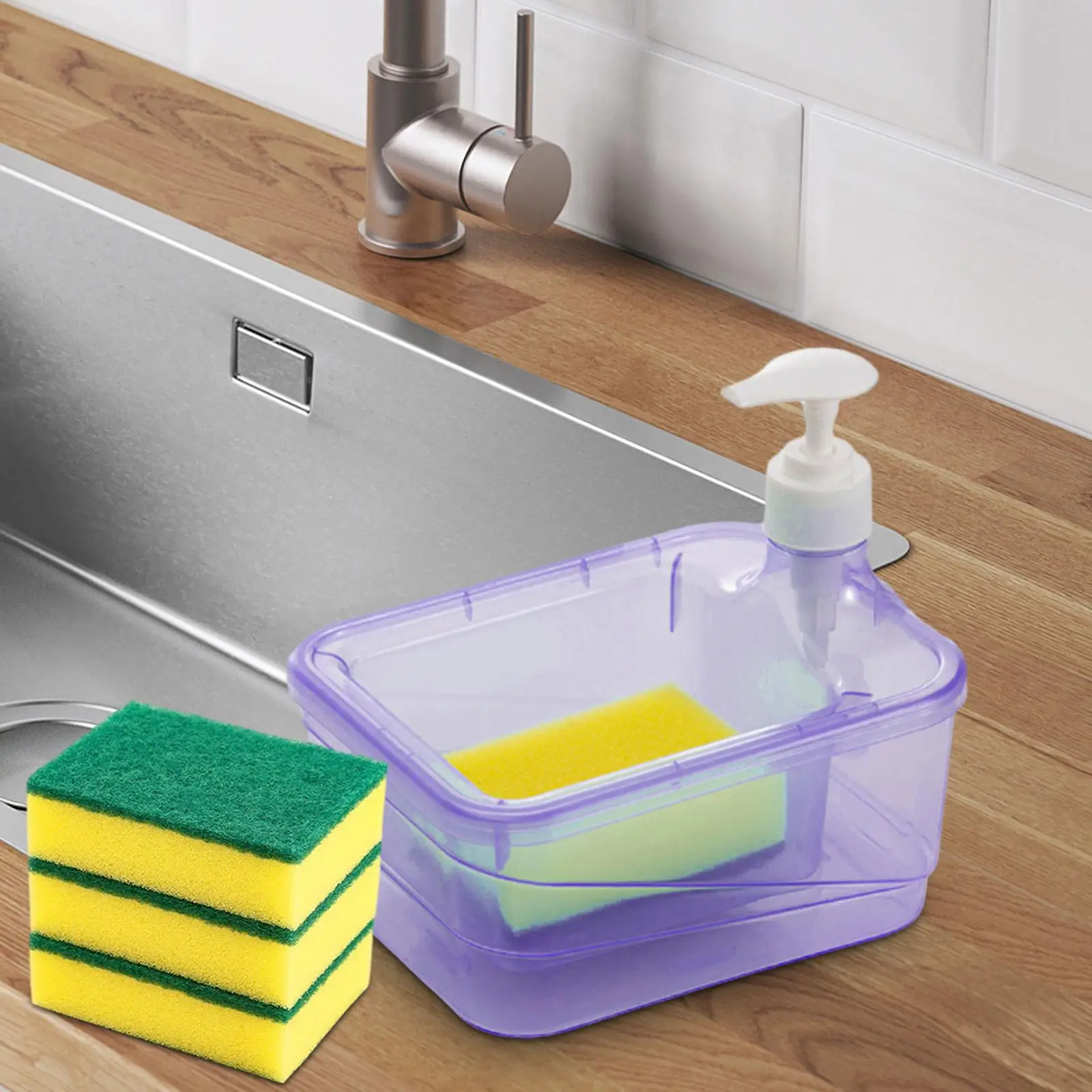 Dish Soap Dispenser and Sponge Holder Multifunctional Anti Slip Liquid Pump Bottle Sink Countertop Organizer for Bathroom Home