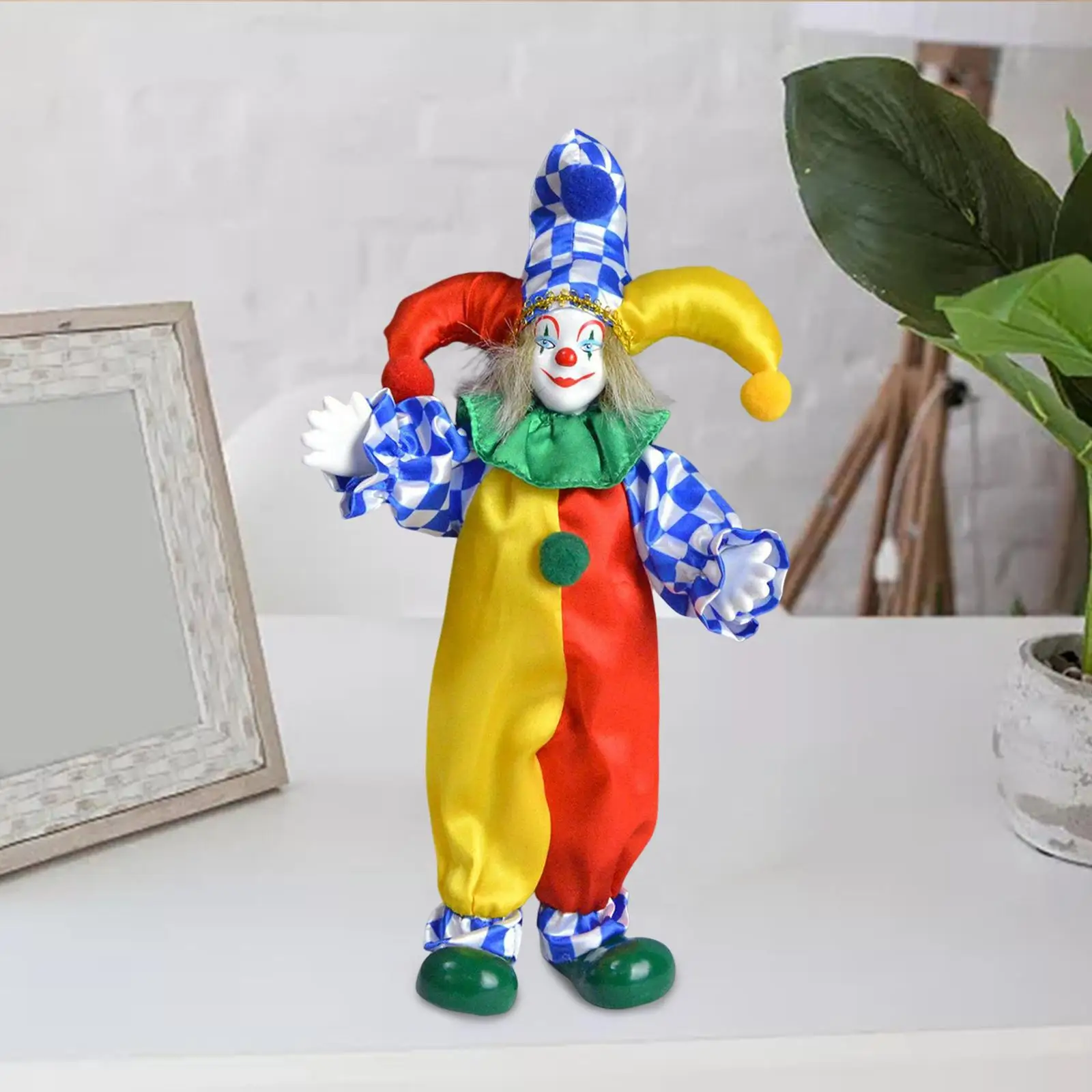24cm Tall Clown Doll Figure with Clothes Arts Crafts Home Table Desk Decor Movable for Office Thanksgiving Halloween Decor