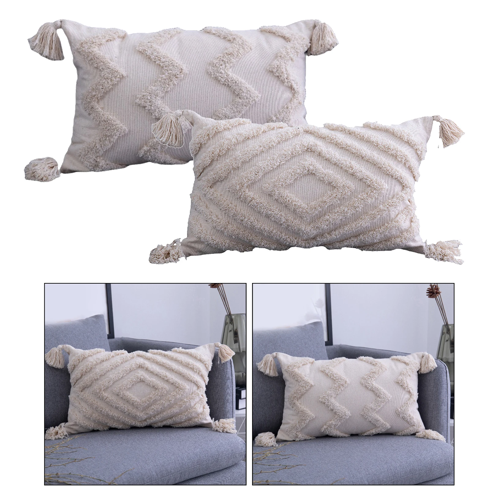 2x Throw  Covers Sqaure Fringe Woven Tufted Pillowcases for Sofa for