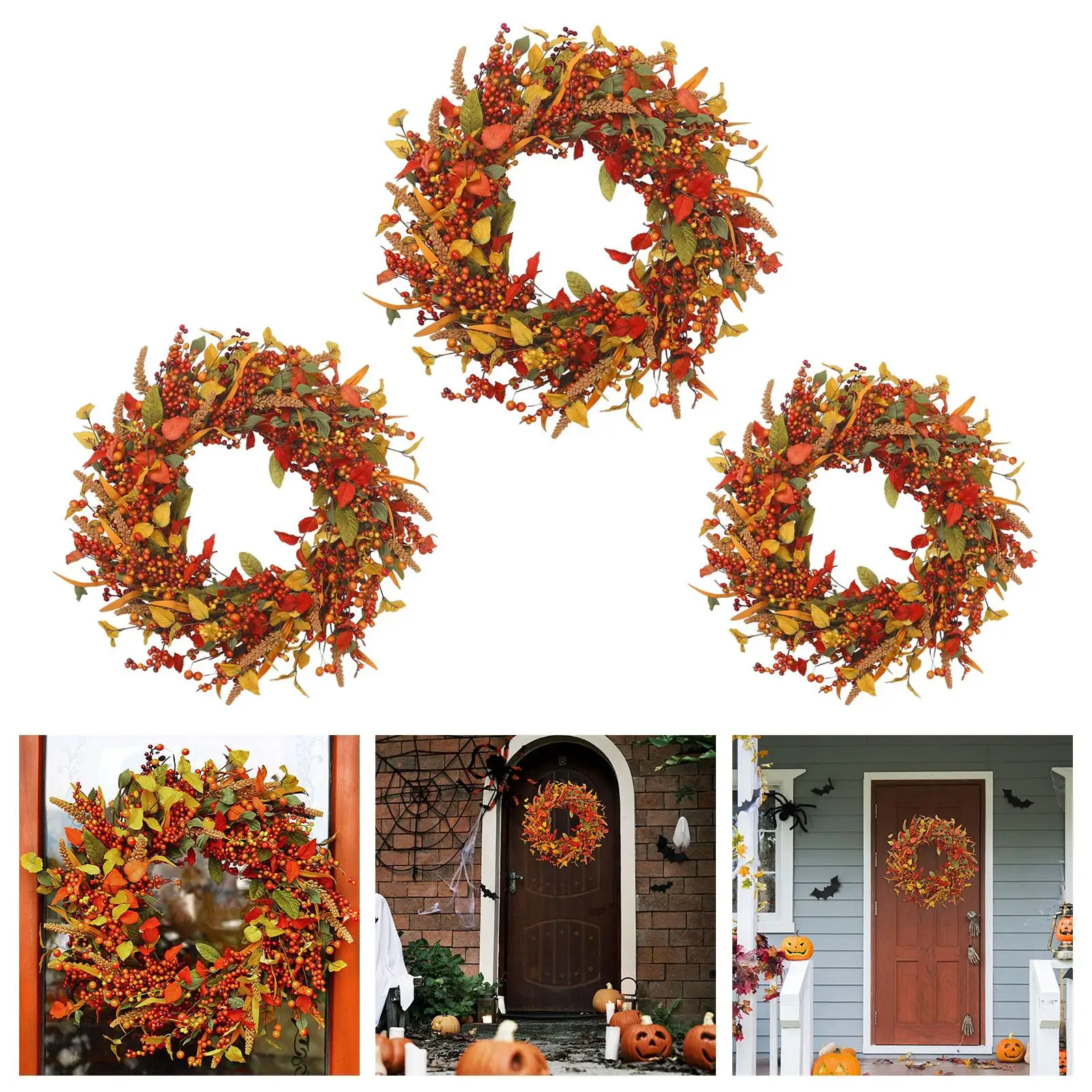 Fall Wreath Autumn Wreath with Yellow and Green Leaves Harvest Wreath Fall Berries Wreath for Front Door Halloween Festival