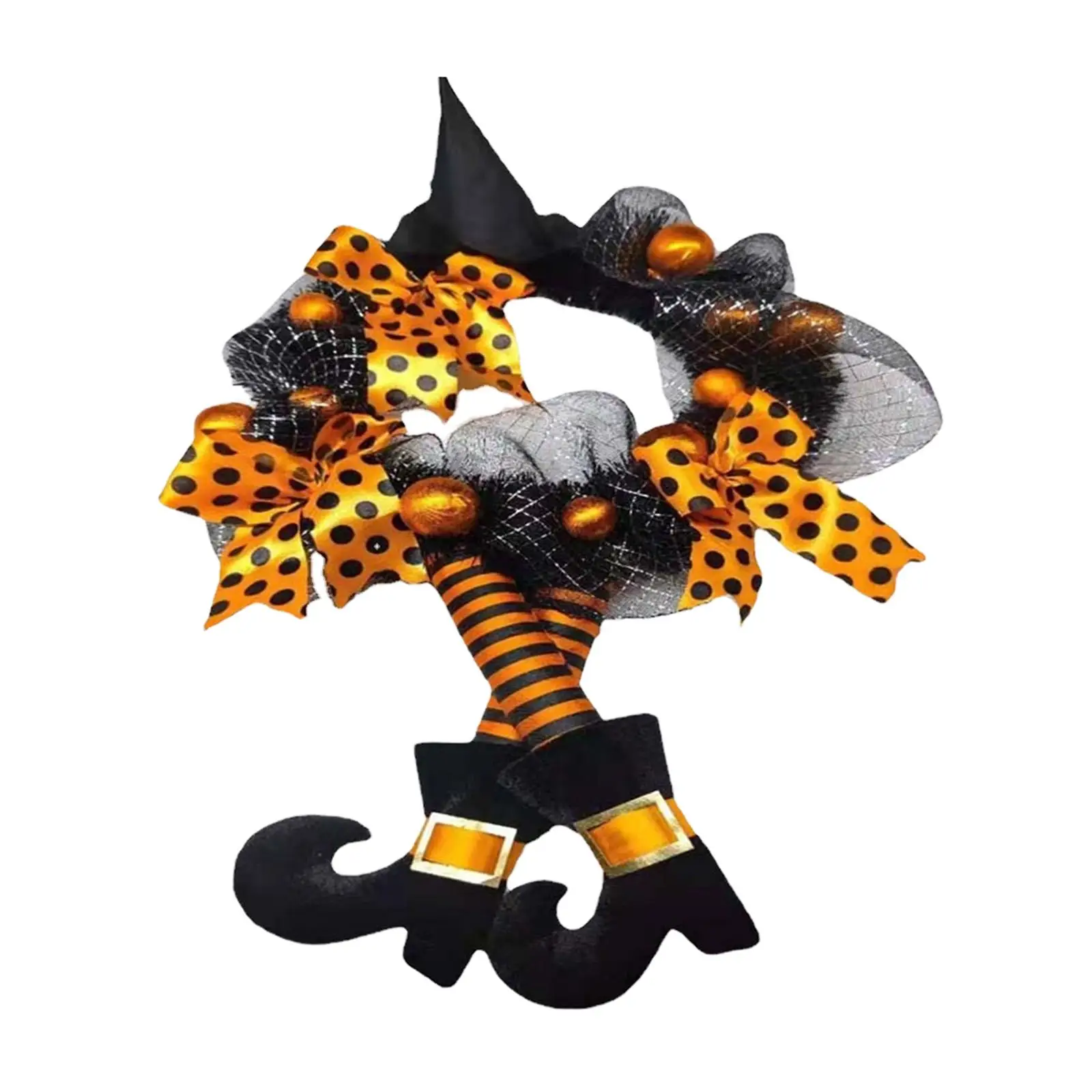 Happy Halloween Wreath with Ribbon Ornaments Witch Hat and Legs Wreath Decorative Wreath for Door Mantle Festival Decor