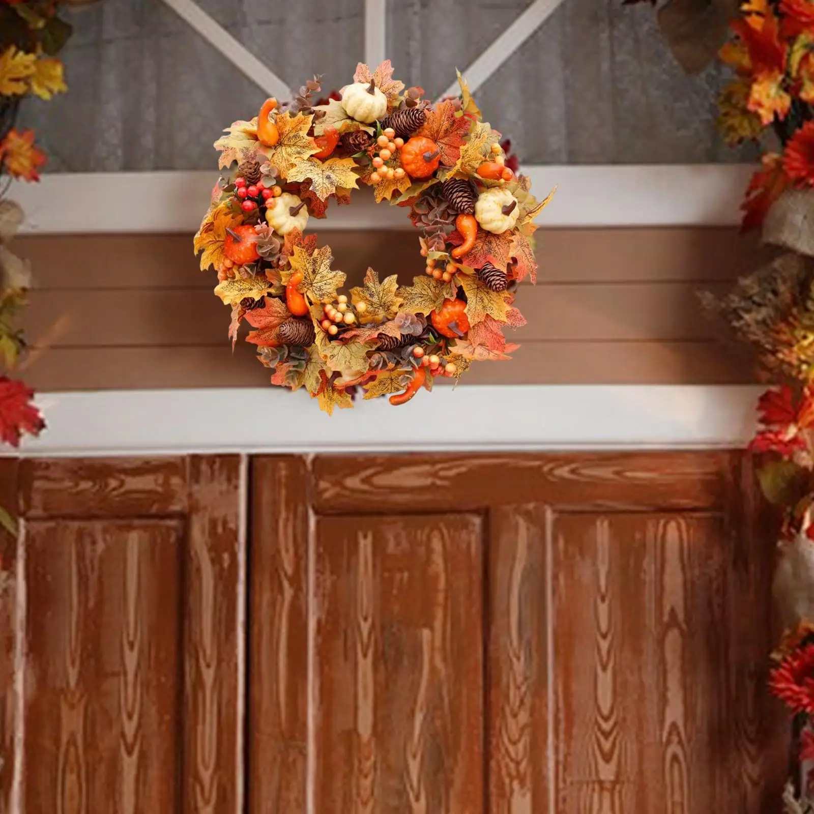 40cm Autumn Pumpkin Wreath Decor Ornament Decor Artificial, Hanging for Garden Wedding Home Halloween Farmhouse