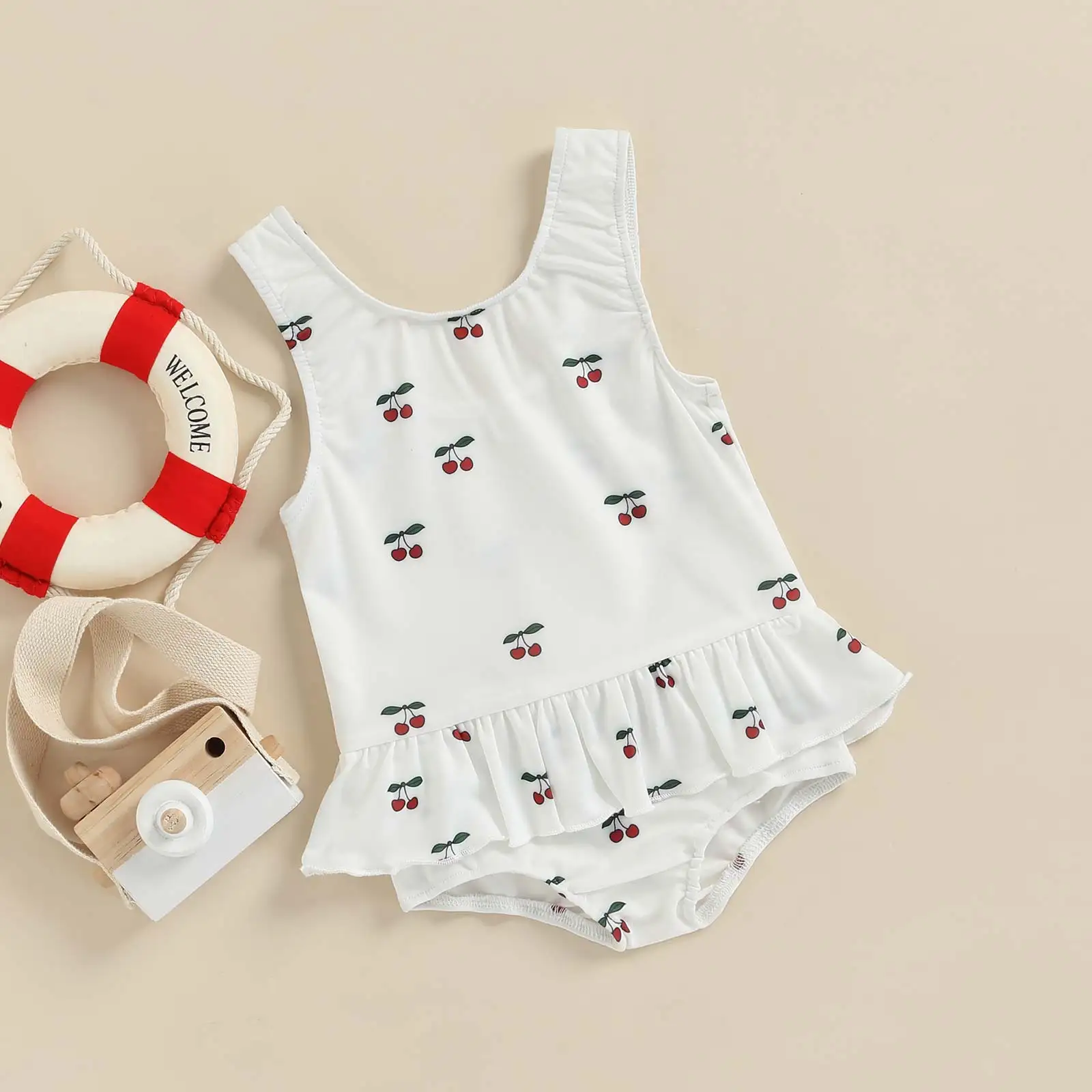 2022 0-3Y Kids Infant Girl Swimdress Solid/Sun/Striped/Cherry/Lemon Print Sleeveless Swimsuit Summer Holiday Beach Bathing Suit Newborn Knitting Romper Hooded 