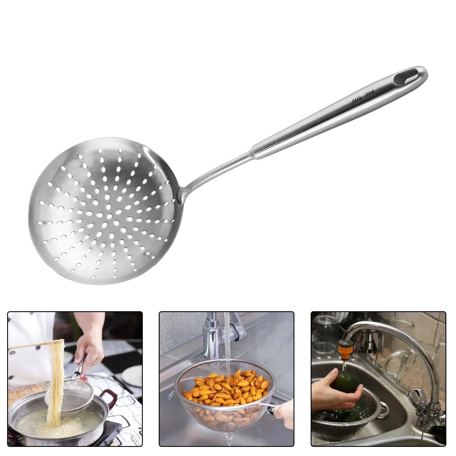 Stainless Steel Skimmer Slotted Spoon Multifunctional Cooking Colander Spoon for Draining Frying Noodles Pasta Scooping 15.9cm