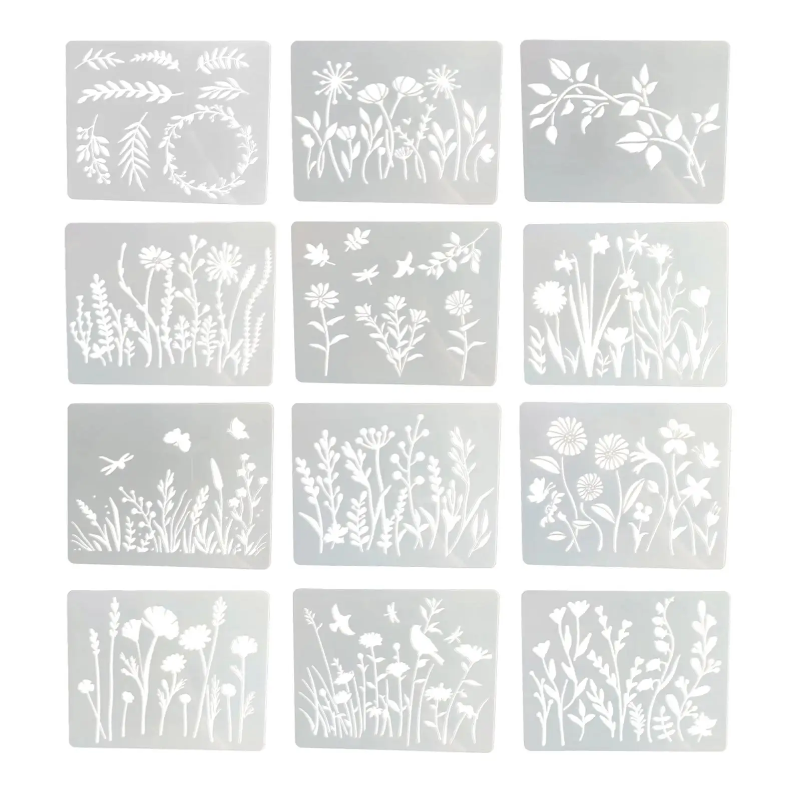 12x Resin Flower Stencil Template Scrapbook Painting Drawing Floral Decorative Spring Summer Ruler for Fabric Wood Canvas Album