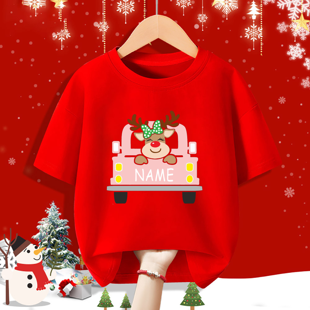 Personalisiertes Kind Weihnachten Rotes Hemd Hirsch Name Kind Kurzarm Kleidung T-Shirt Geschwister Passendes Weihnachtsoutfit Kinder T-Shirts – Detail 12