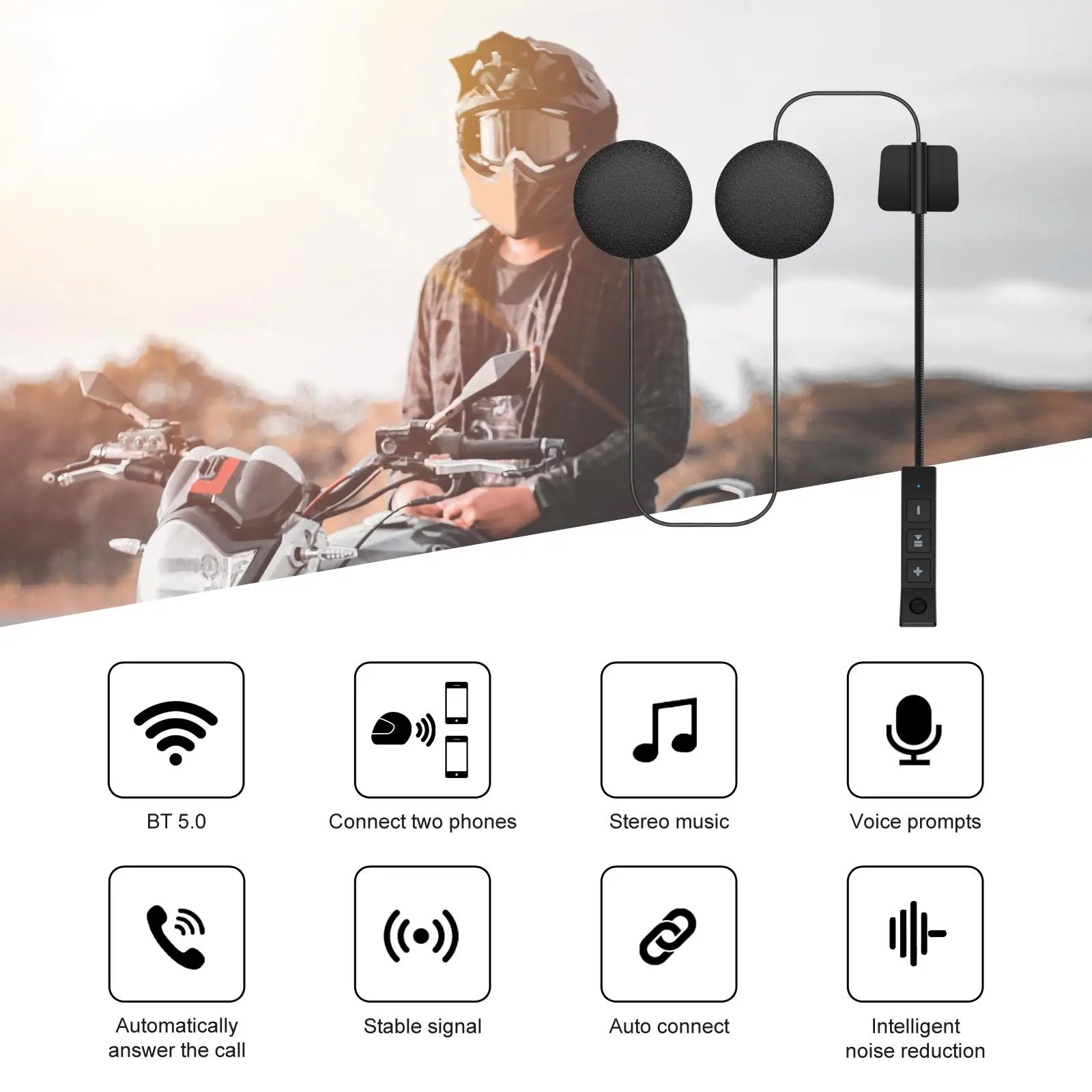 Motorcycle Helmet Bluetooth 5.0 Headset with Microphone Noise Reduction Auto Answer Call Earphone Fit for Snowmobile Cycling