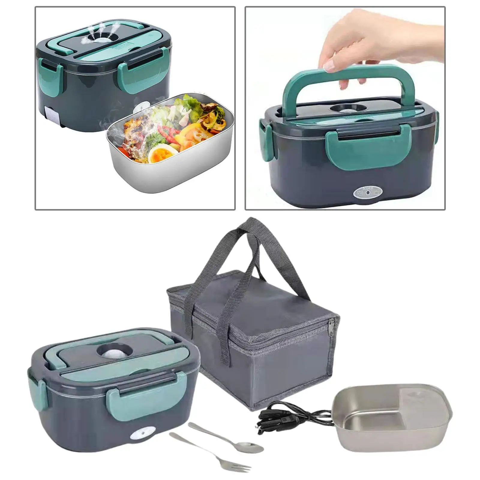 2 in 1 Electric Lunch Box 1.5L 40W with Fork & Spoon Stainless Steel Portable Heating Lunchbox Food Warmer for Home Truck Office