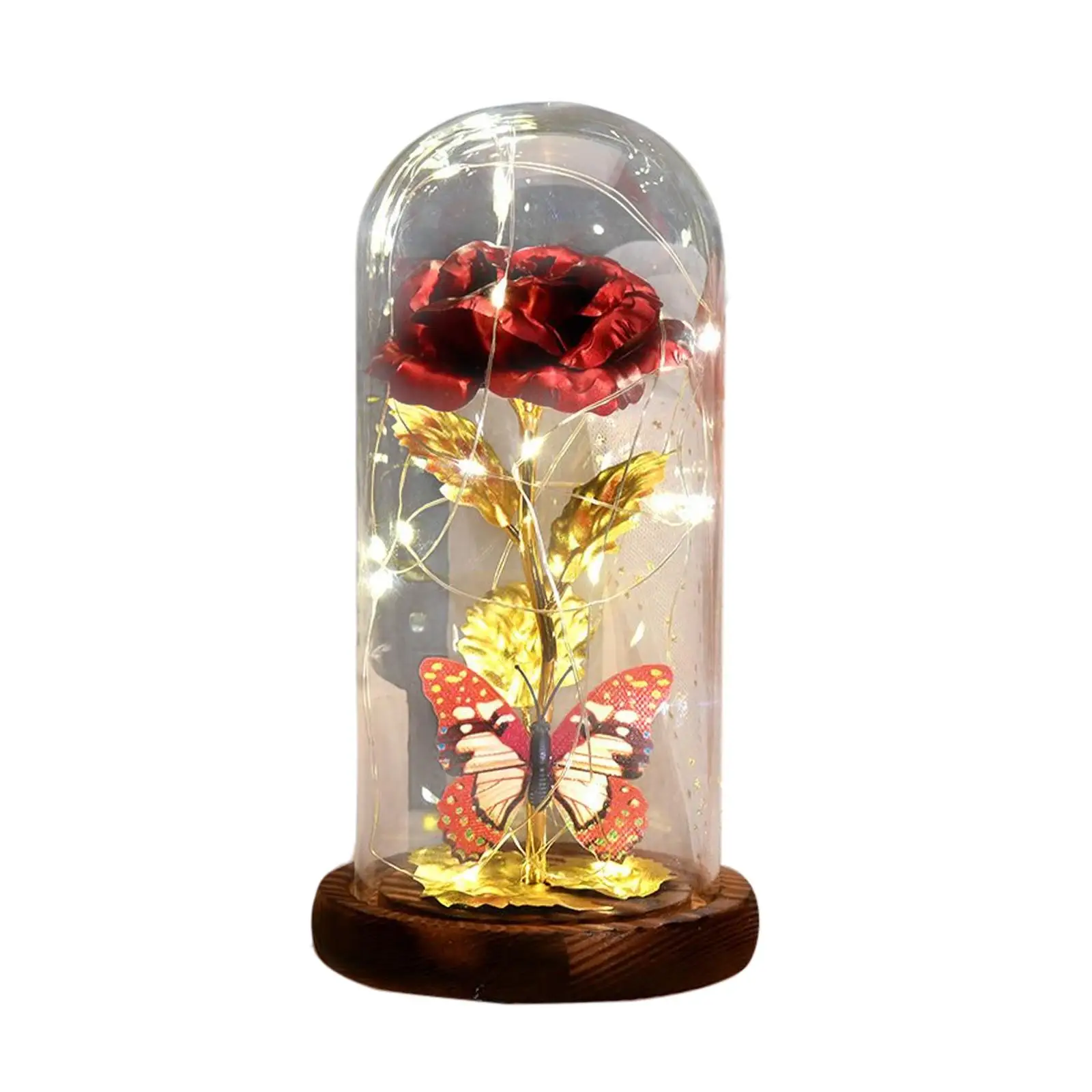 Butterfly Rose Flower Ornaments Glass Cover Crafts Decorative LED Light for Cabinet Living Room Desk Birthday Decorations