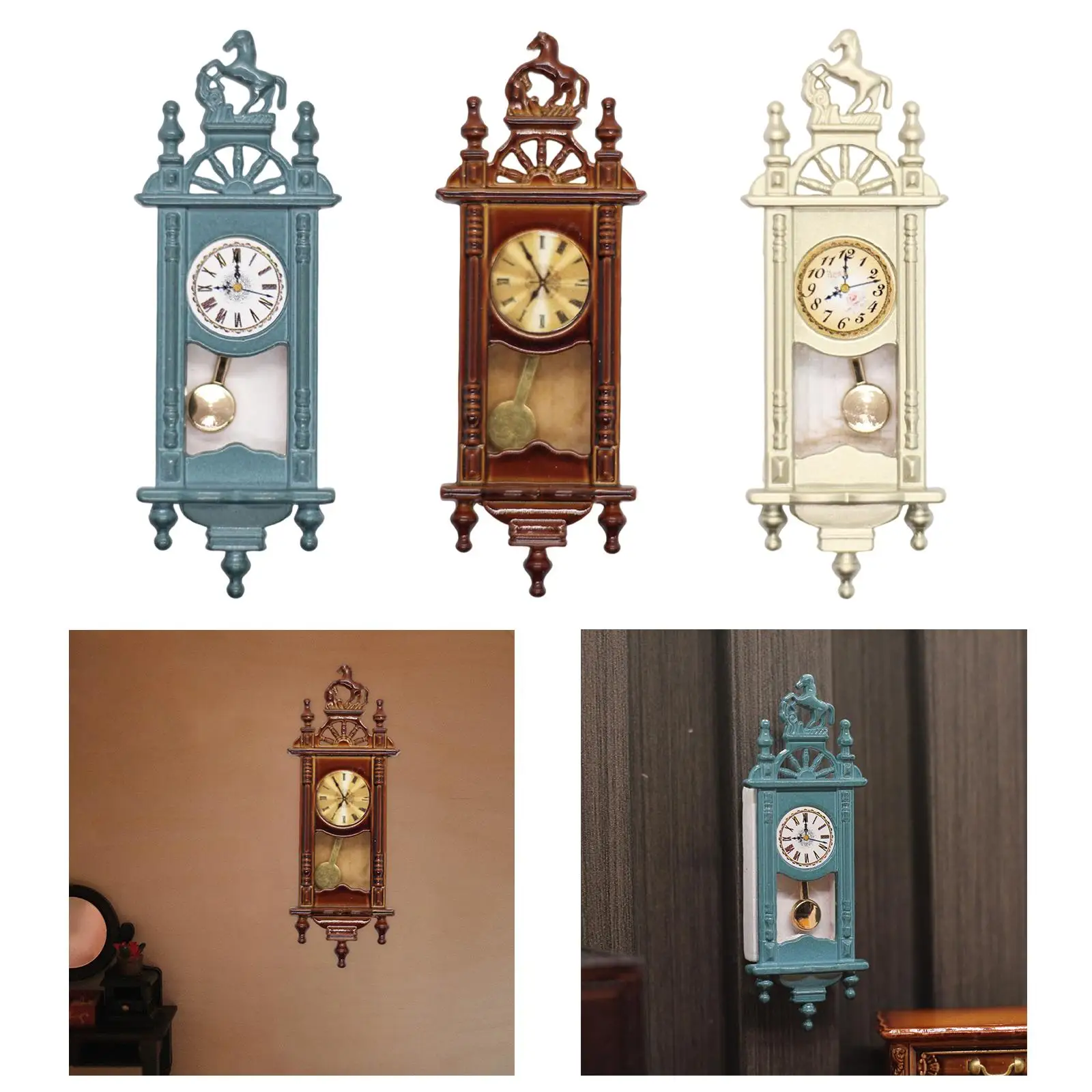 1:12 Scale Dollhouse Wall Clock Vintage Style Wooden Frame Clock Decor Scene