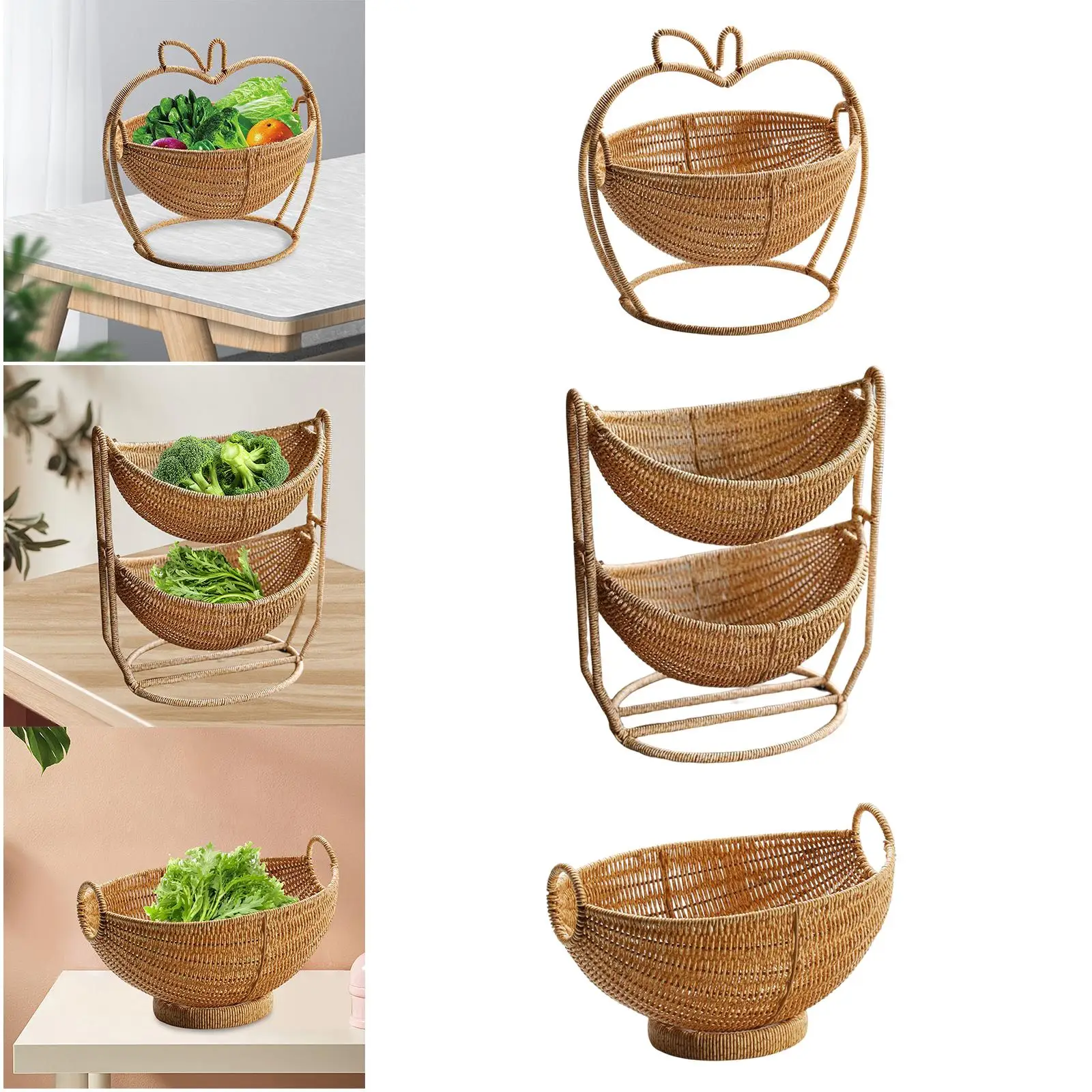 Handmade Woven Fruit Basket Rattan Food Storage Decorative Serving Shelves Multipurpose Breakfast Basket for Kitchen Cafe Home