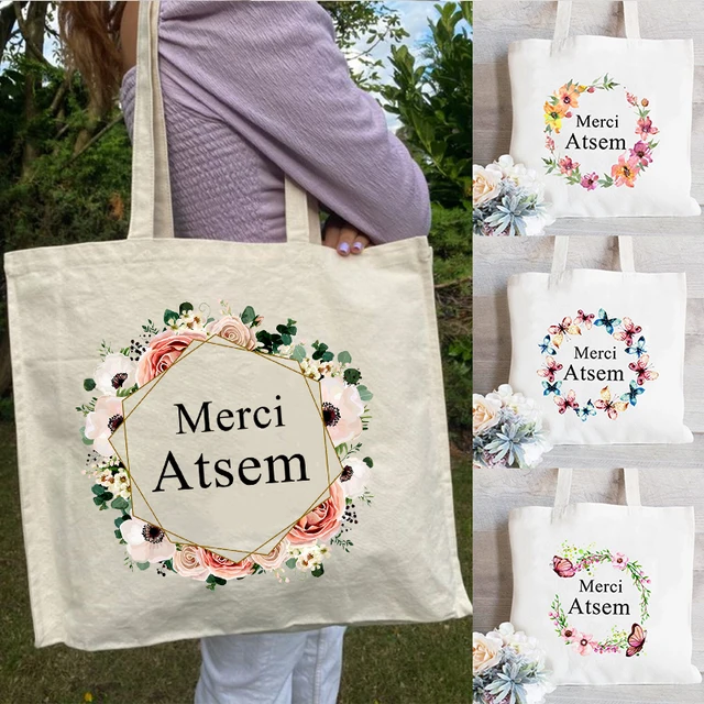 Merci Atsem French Print Fashion Women Canvas Shopping Bag Eco Harajuku  Shoulder Bags Personalized Super Atsem School Bags Gifts