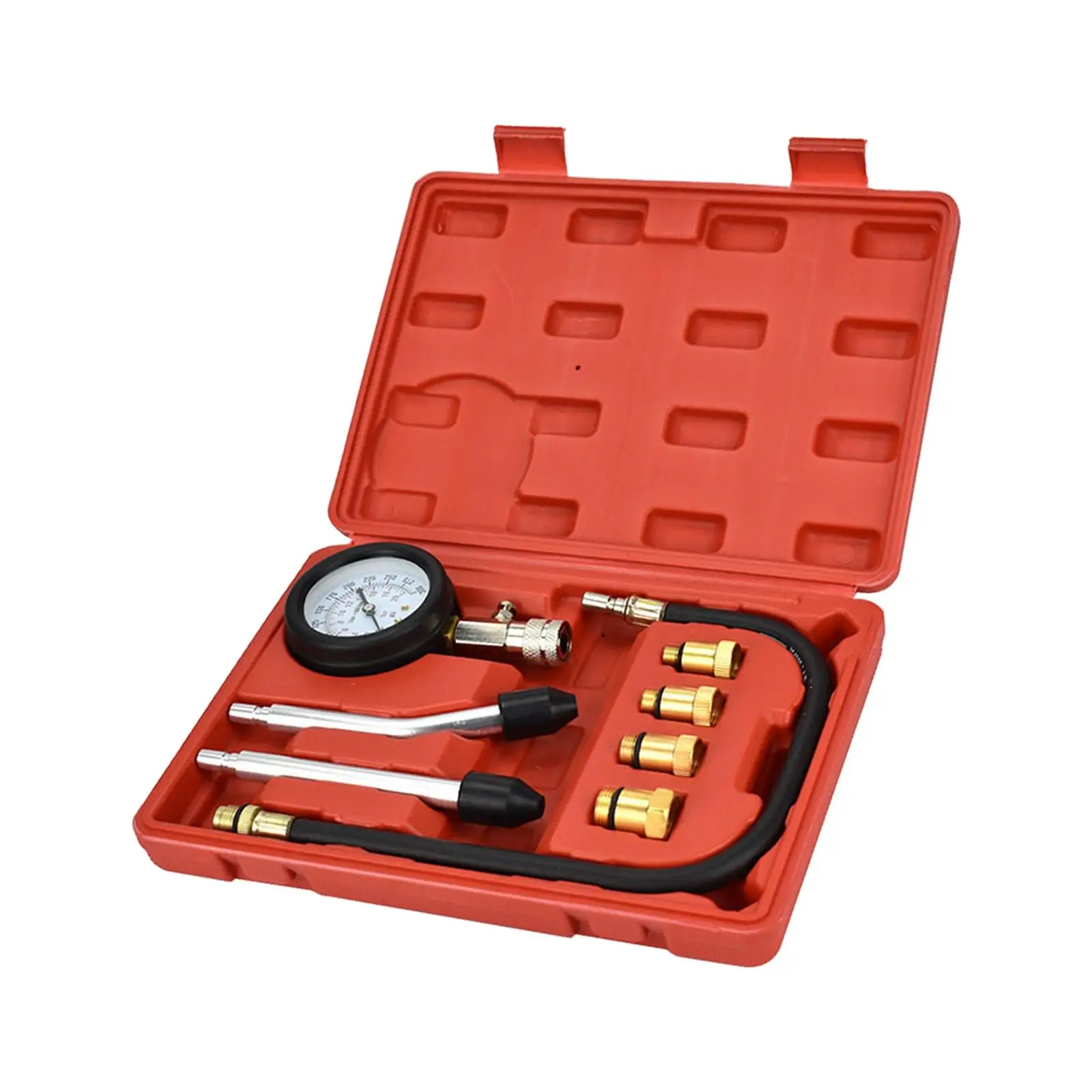 Portable 8Pcs Car Gas Engine Cylinder Compression Tester Gauge Kit 4 Brass Adapter in Different Size with Carrying Case Easy Use